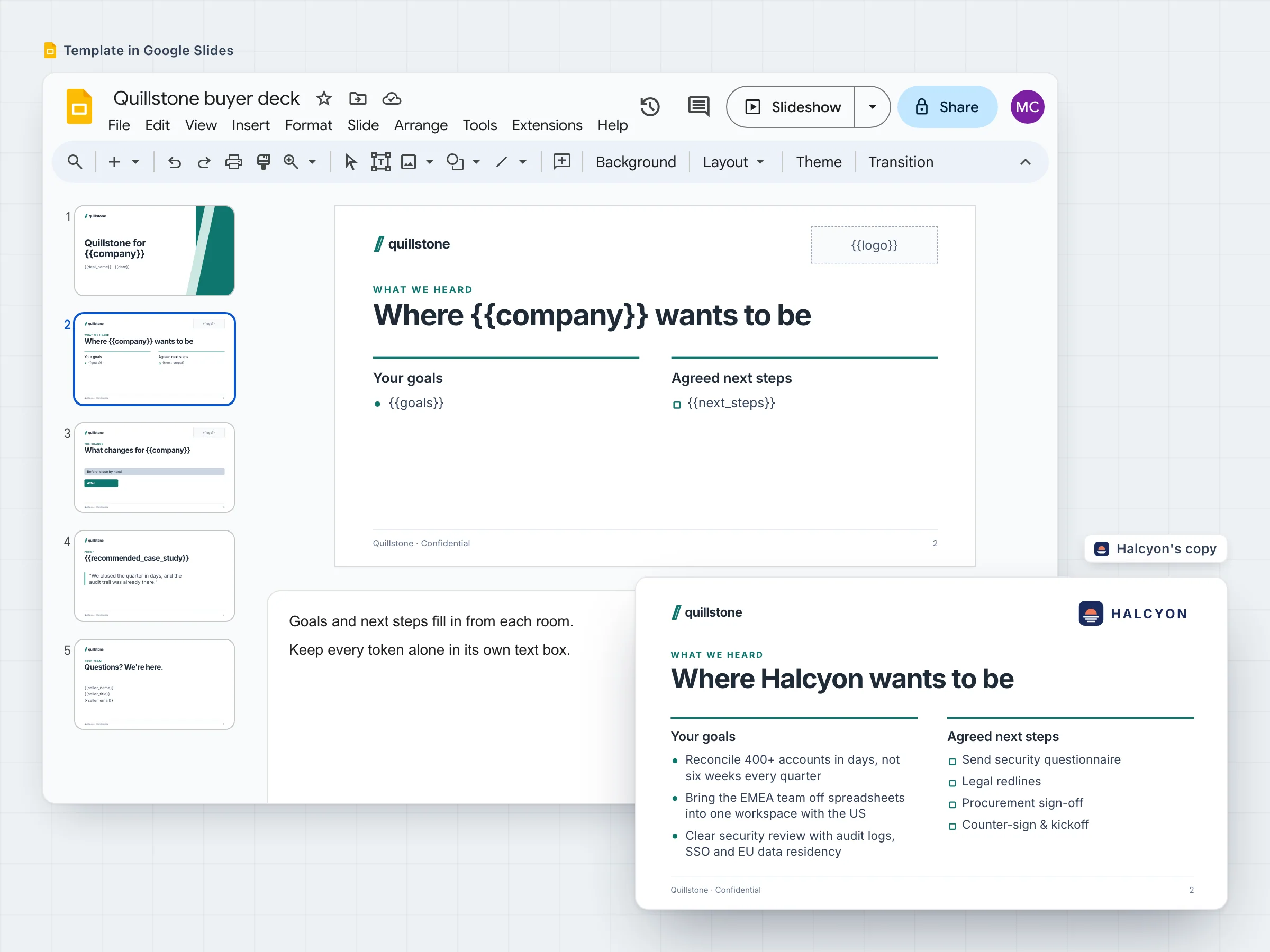 A Slides template and the deck it becomes