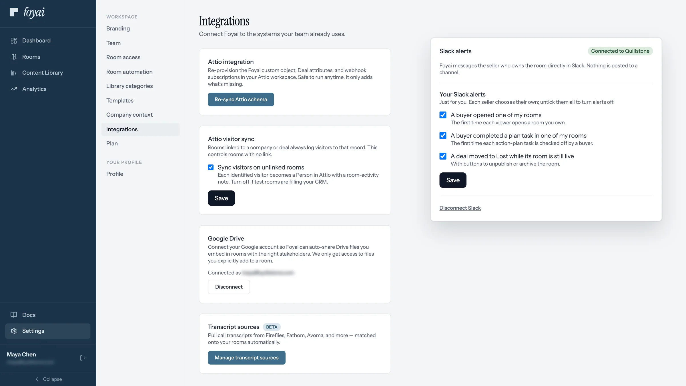 Settings → Integrations in foyai