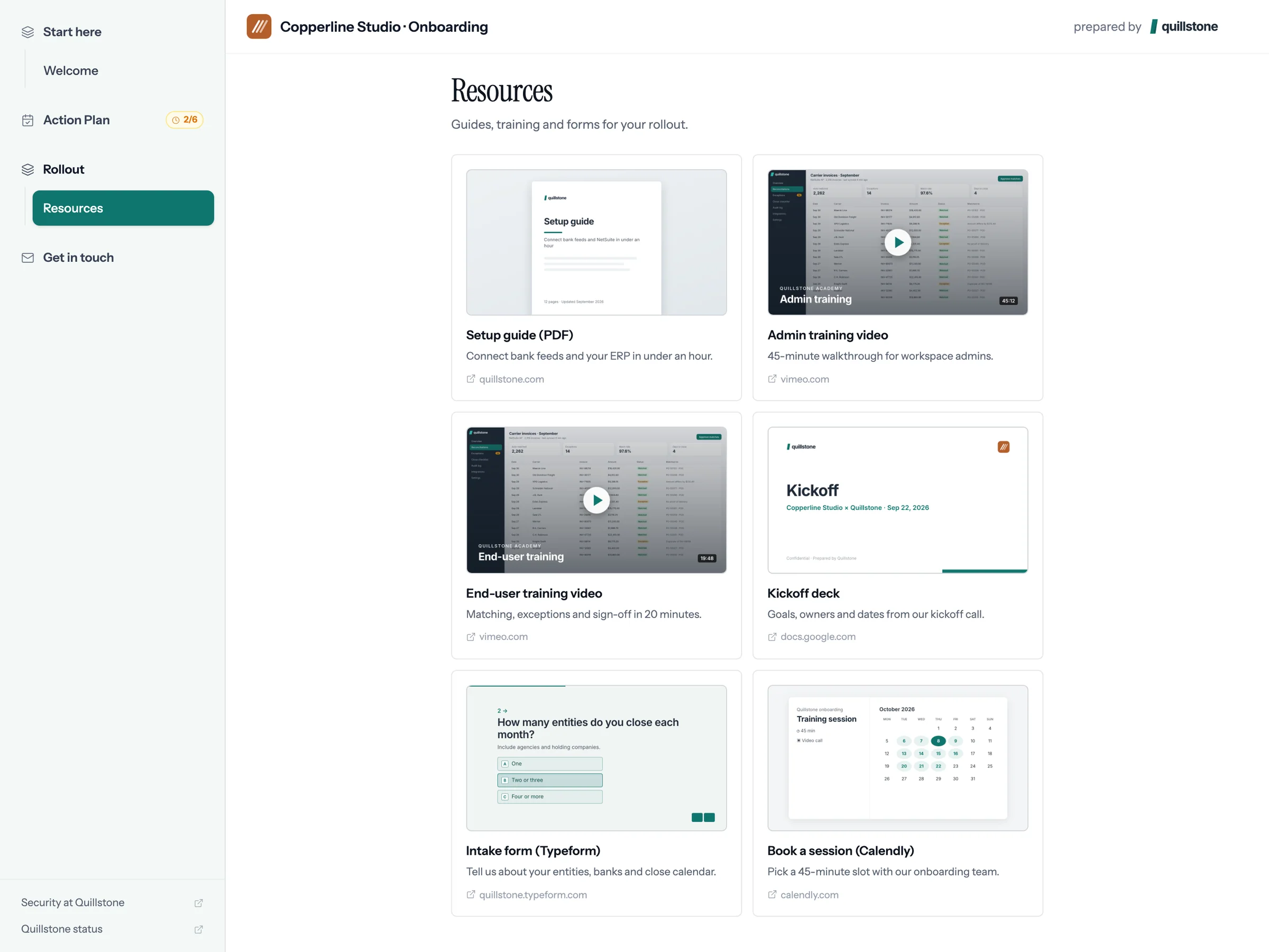 The onboarding resources page, customer view
