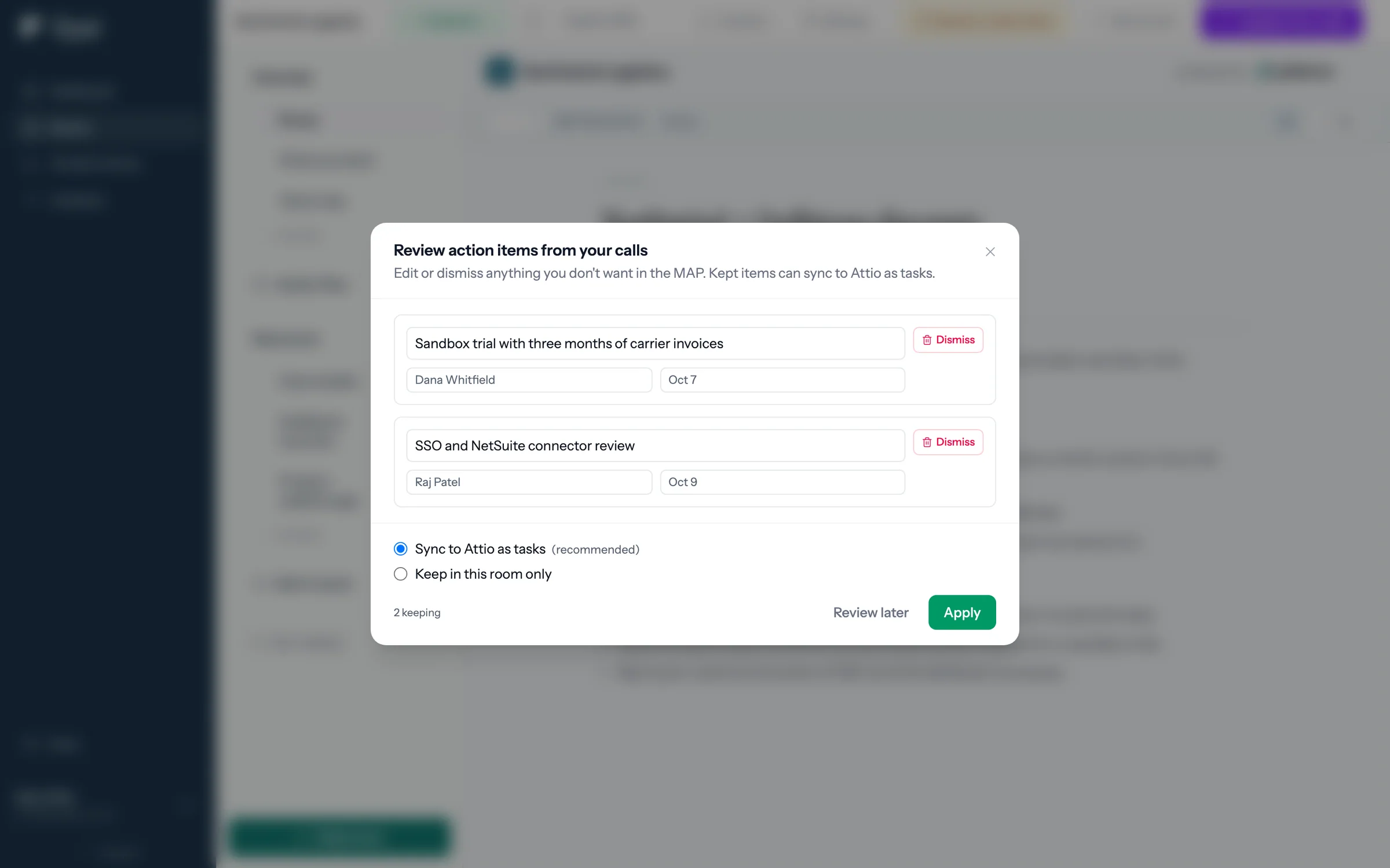 The Review action items modal listing two pending items, each with an owner and a due date, and the Apply button