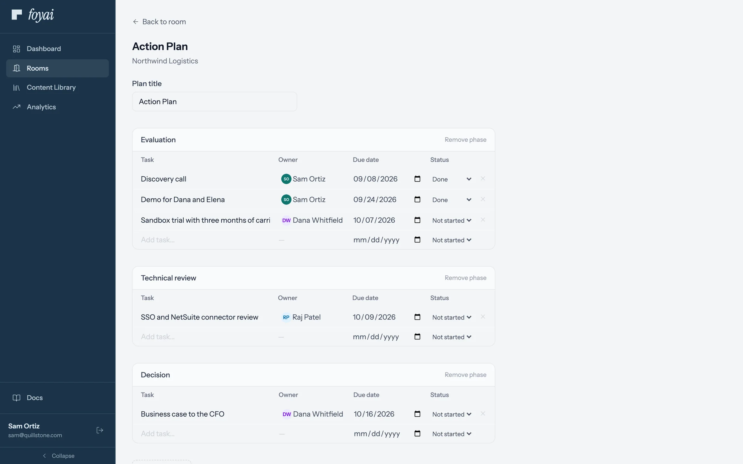 The Action Plan editor's Evaluation phase with the sandbox trial task row and no Pending review tag