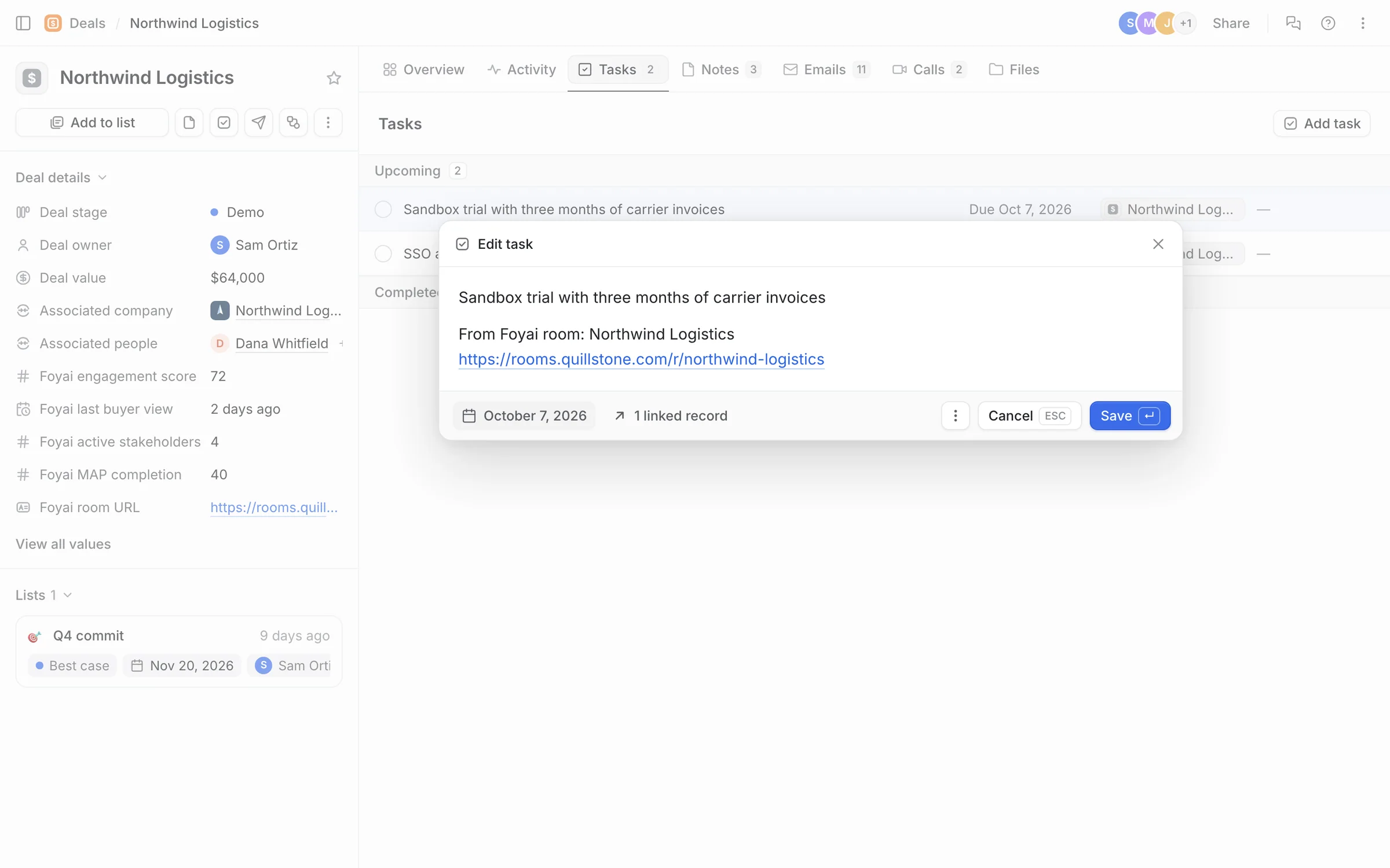 An open Attio task titled Sandbox trial with three months of carrier invoices, due October 7, 2026, with a link back to the Northwind room