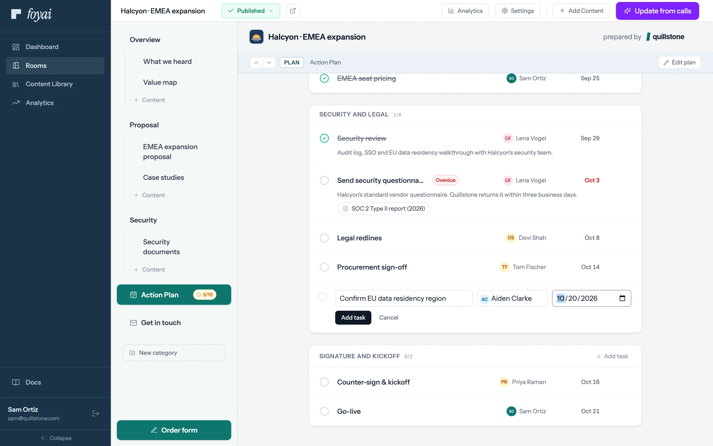 The inline add-task row in the Security and legal phase, filled in with a title, Aiden Clarke as owner, and an October 20 due date.