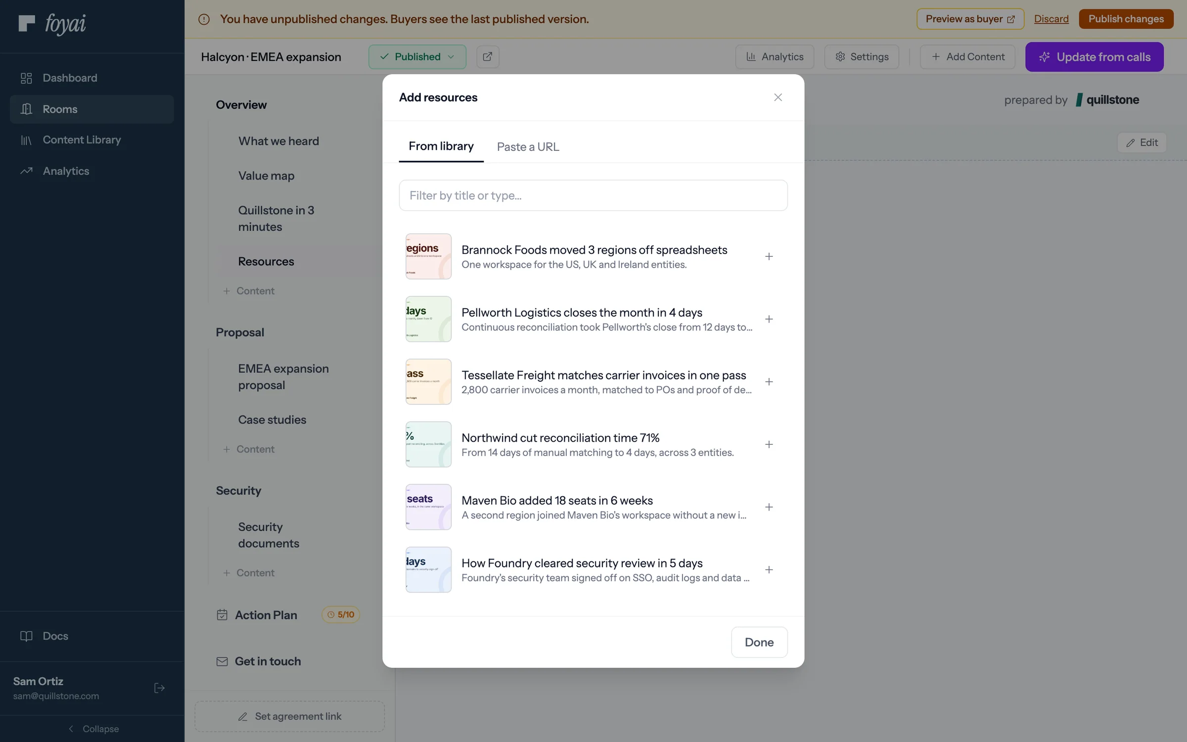 The Add resources dialog, From library tab, with the Foundry security review case study row highlighted.