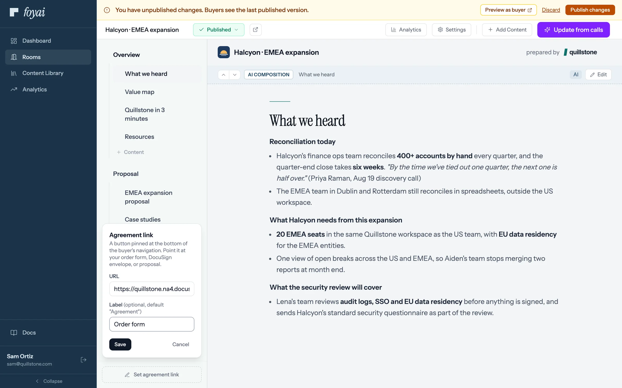The Agreement link popover, filled in with the Halcyon order form URL and the label Order form, before Save.