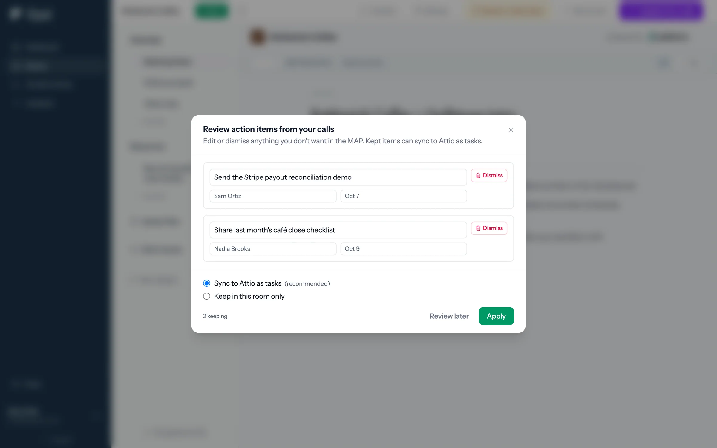 The Review action items modal listing two pending items, each with an owner and a due date, and the Apply button