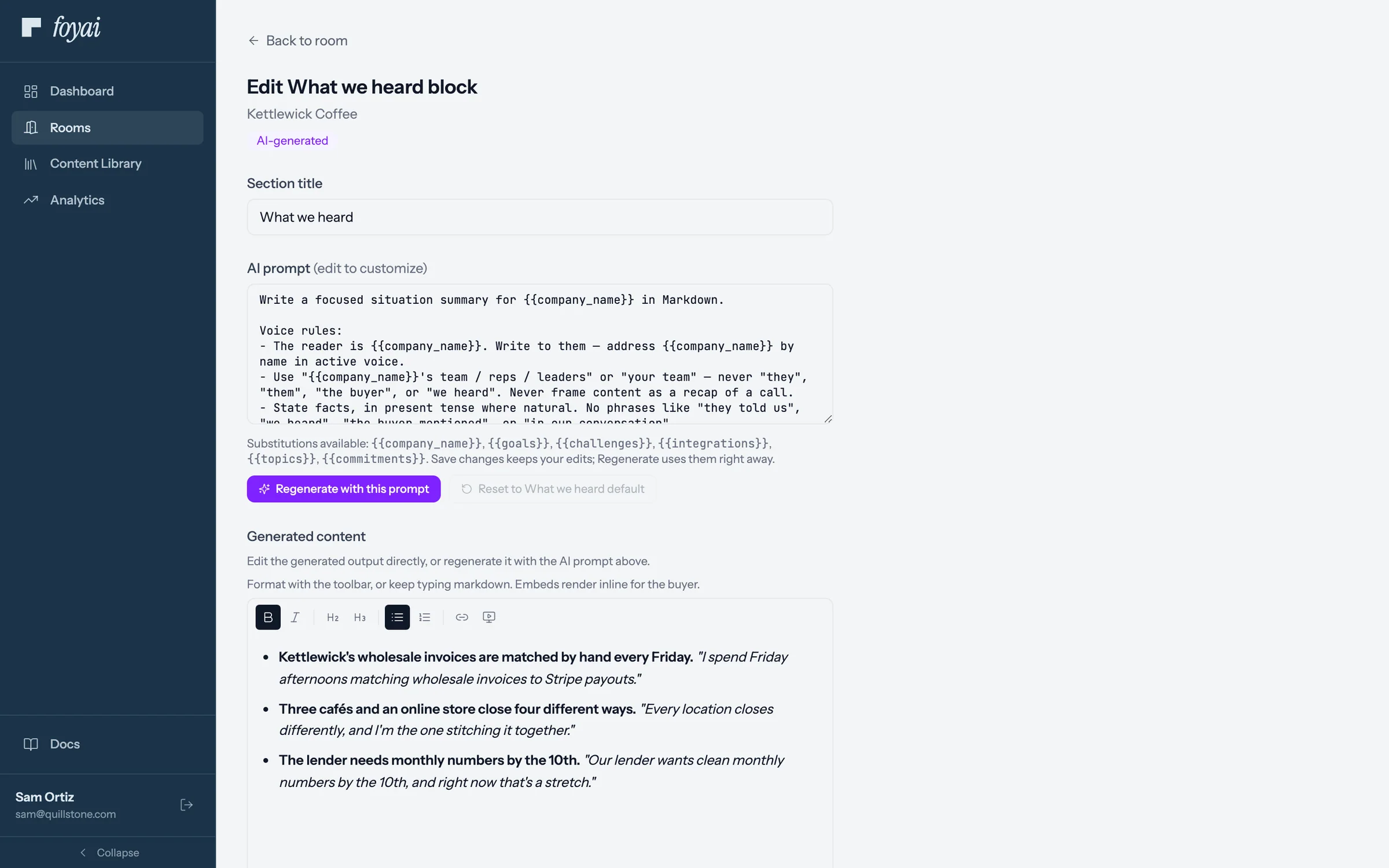 Edit What we heard block, with the AI prompt panel above and the generated content open in a rich text editor.