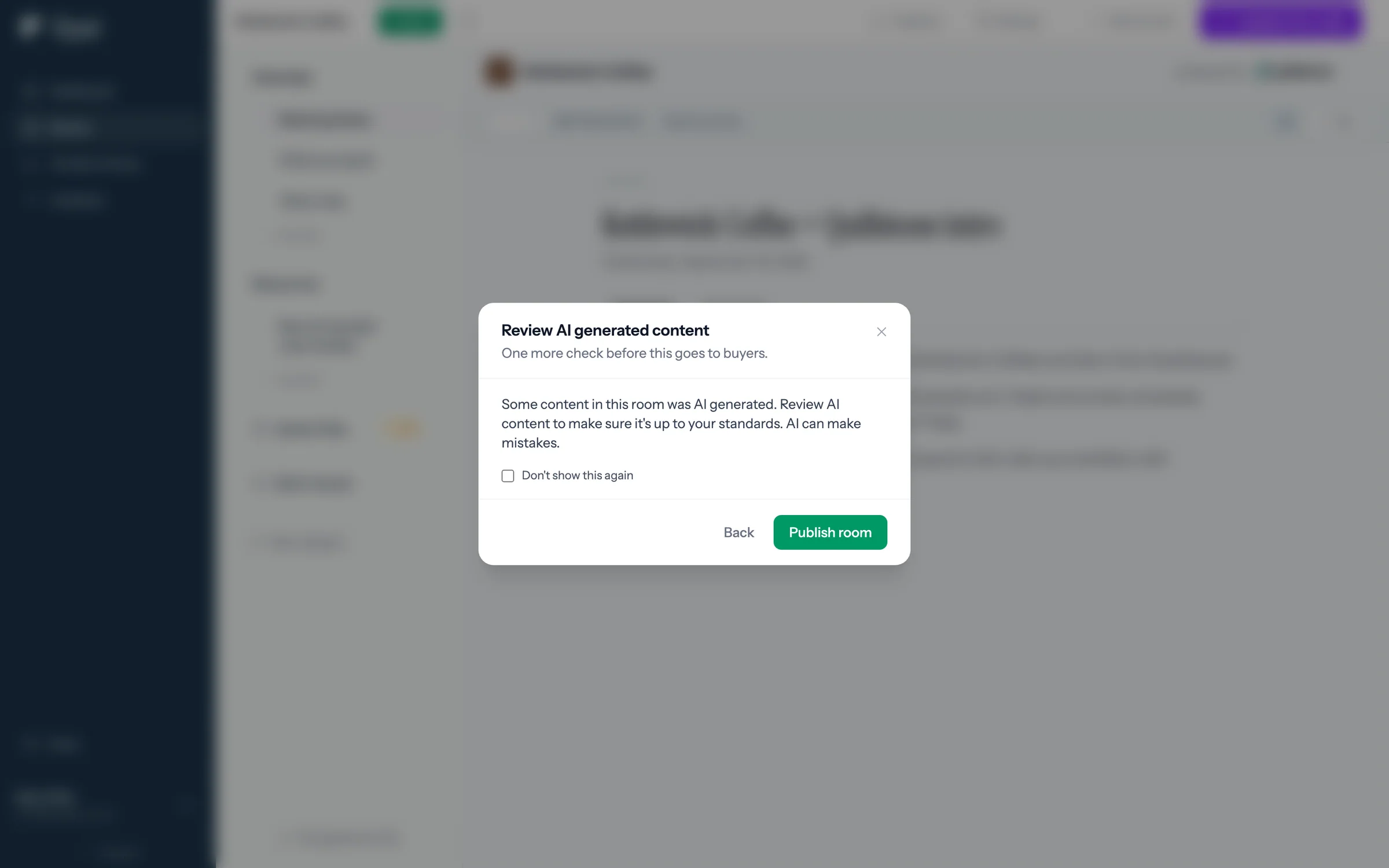 Review AI generated content, with a Publish room button