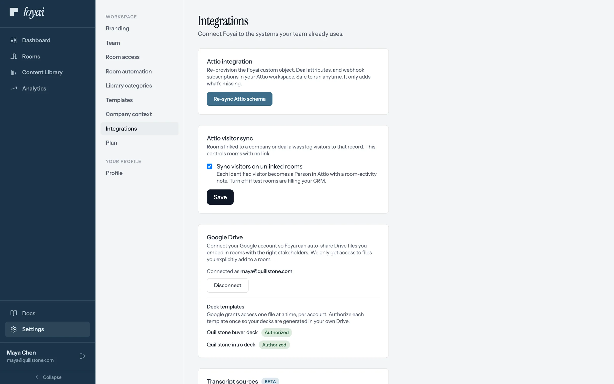 The Attio integration card in Settings, Integrations, with a Re-sync Attio schema button.