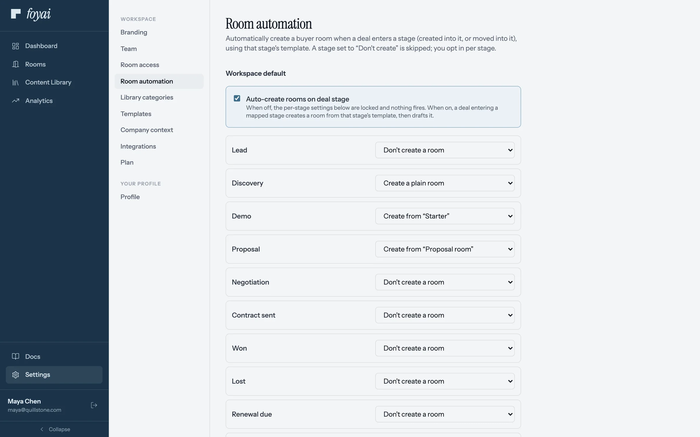 Settings, Room automation, with Lead, Discovery, Demo, and Proposal listed as real Attio deal stages, each with a template choice.