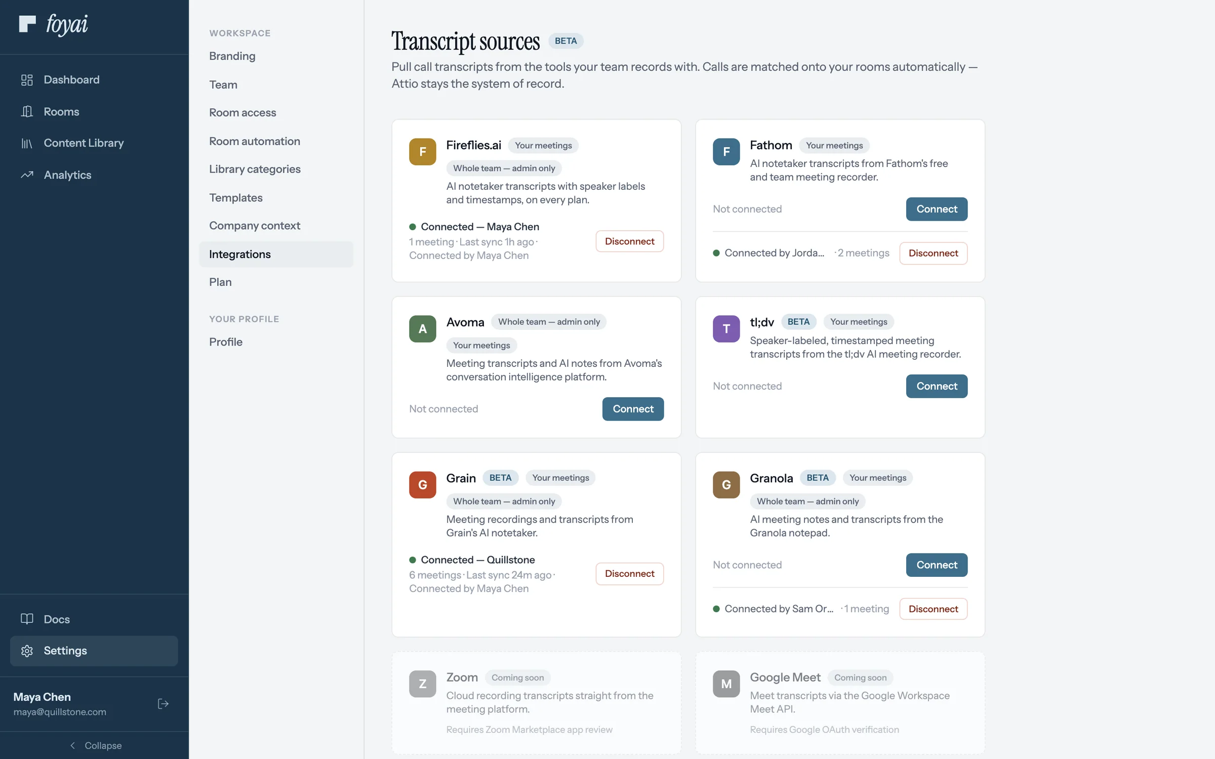 Transcript sources page listing Fireflies, Fathom, Avoma, tl;dv, Grain, and Granola