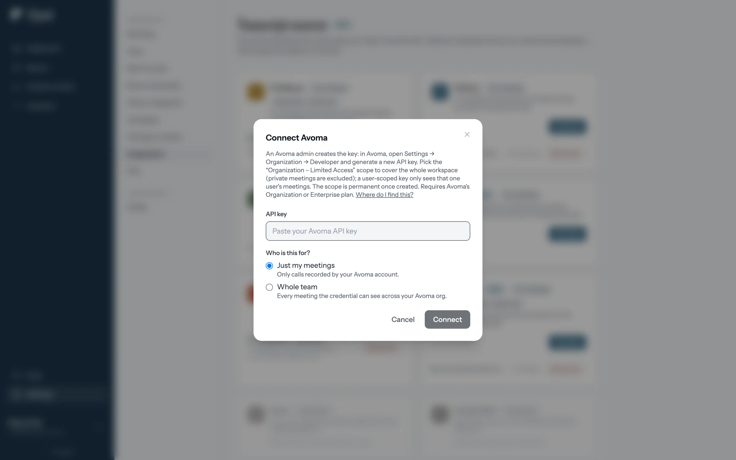 The Connect Avoma window with instructions and a link to find the API key
