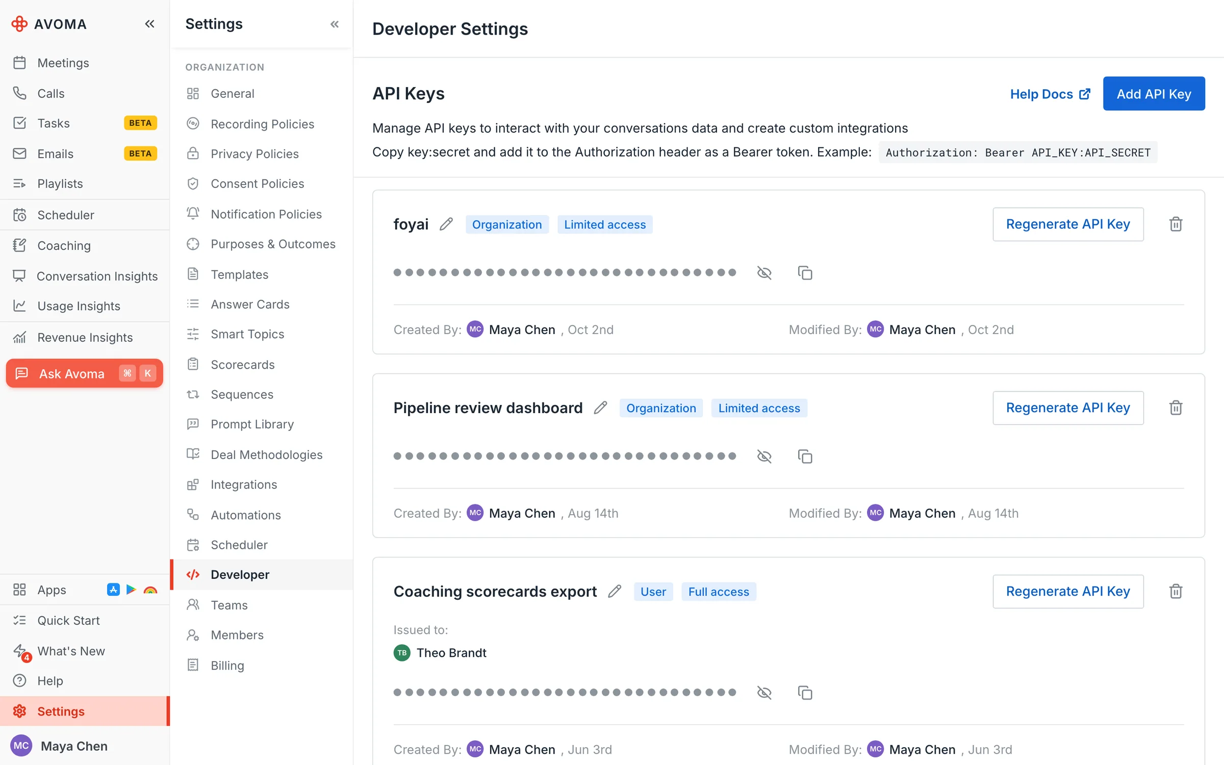 Avoma developer settings with a new foyai API key, masked, and its copy button