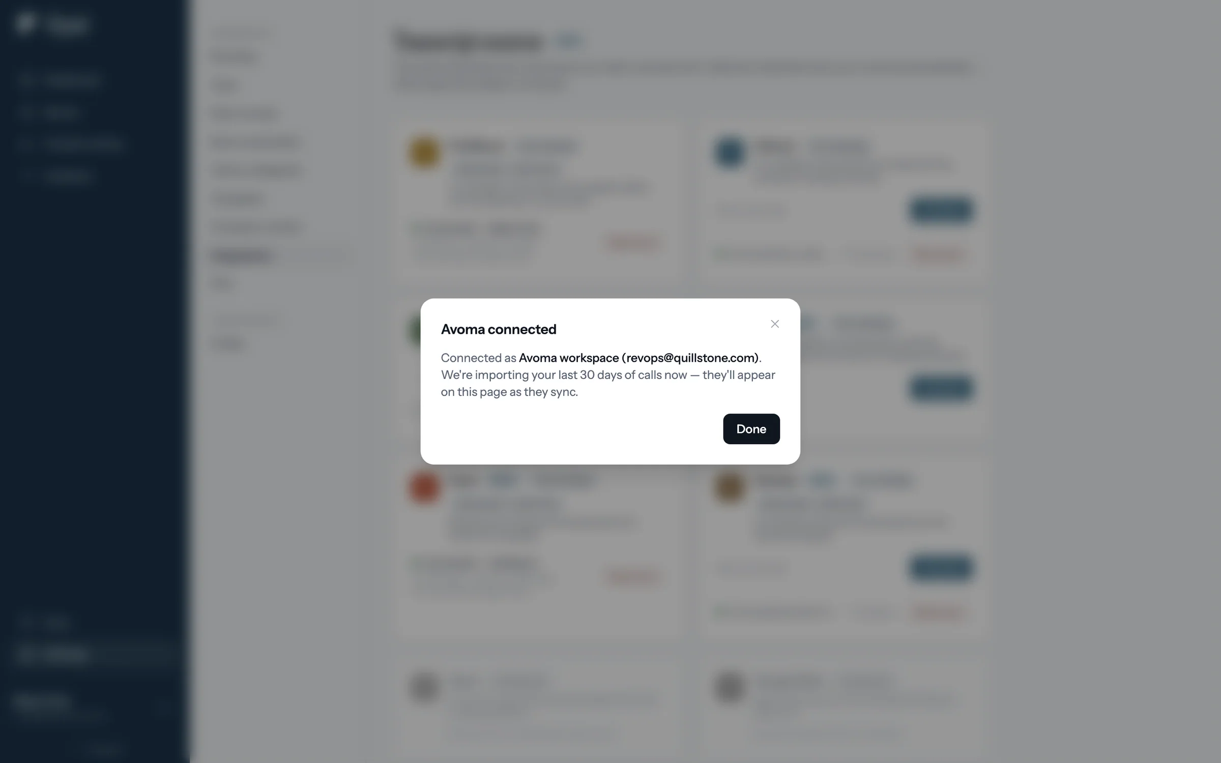 Avoma connected: importing the last 30 days of calls