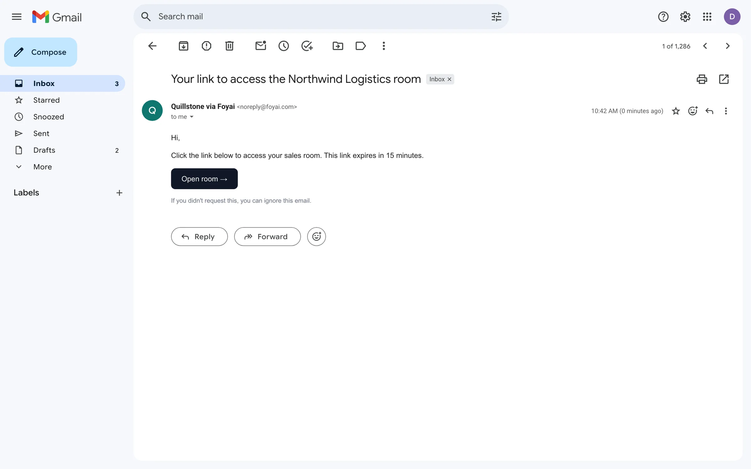 Dana's Gmail inbox, open on the email from Quillstone via Foyai with an Open room button