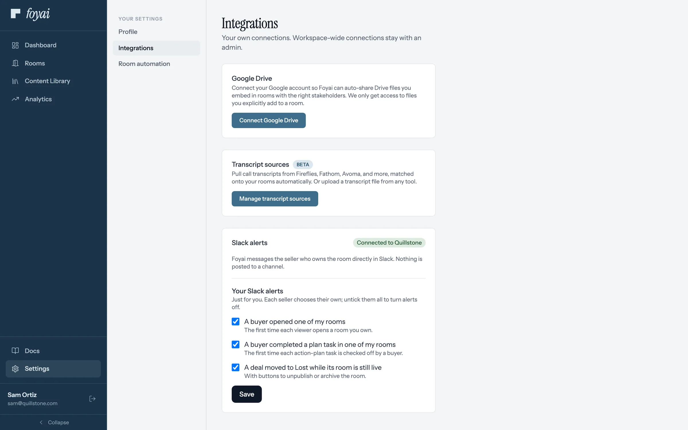 Sam's own Settings, Integrations page (the 
