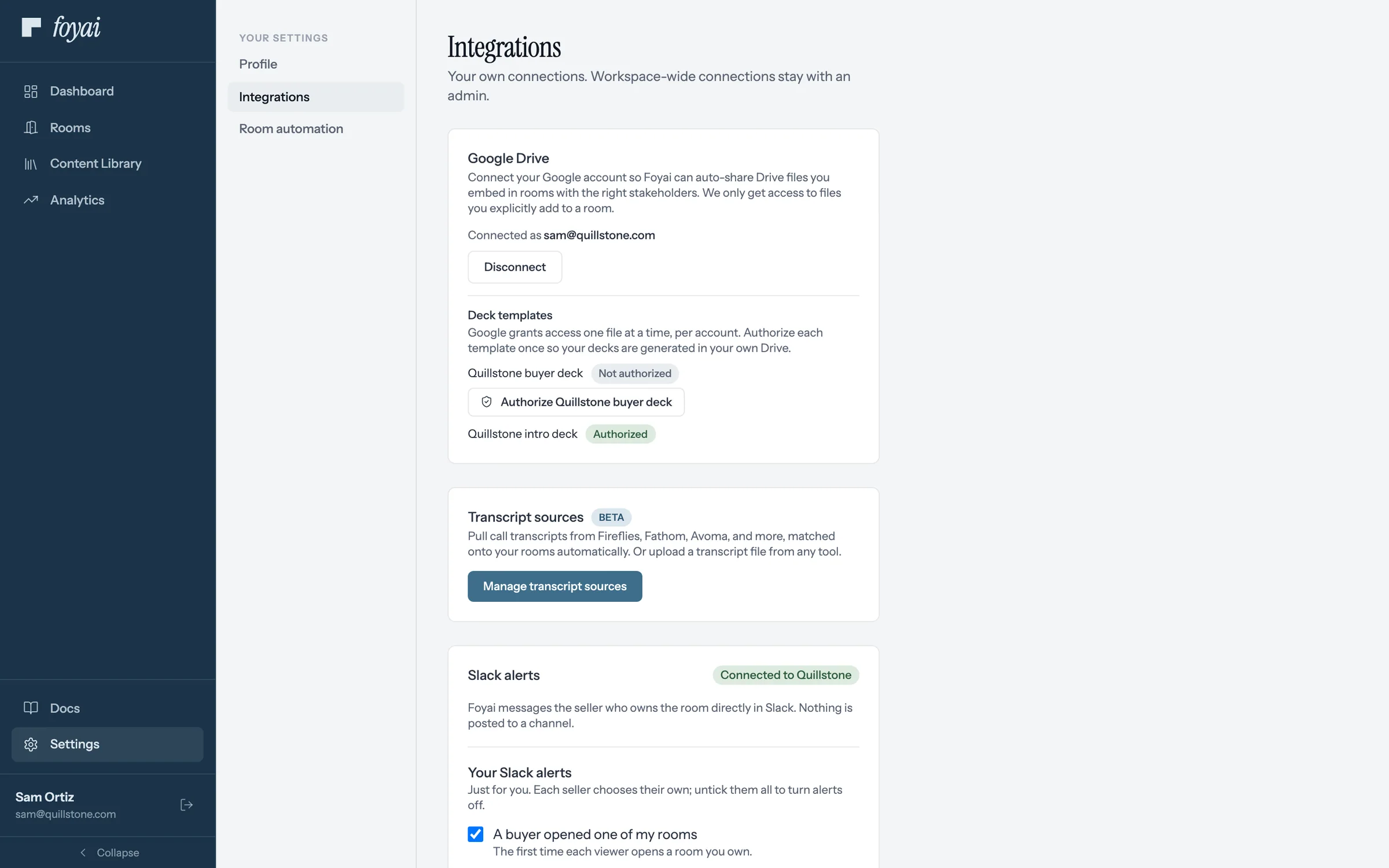 Sam's Settings, Integrations page, Google Drive card connected as sam@quillstone.com, with a Disconnect button.