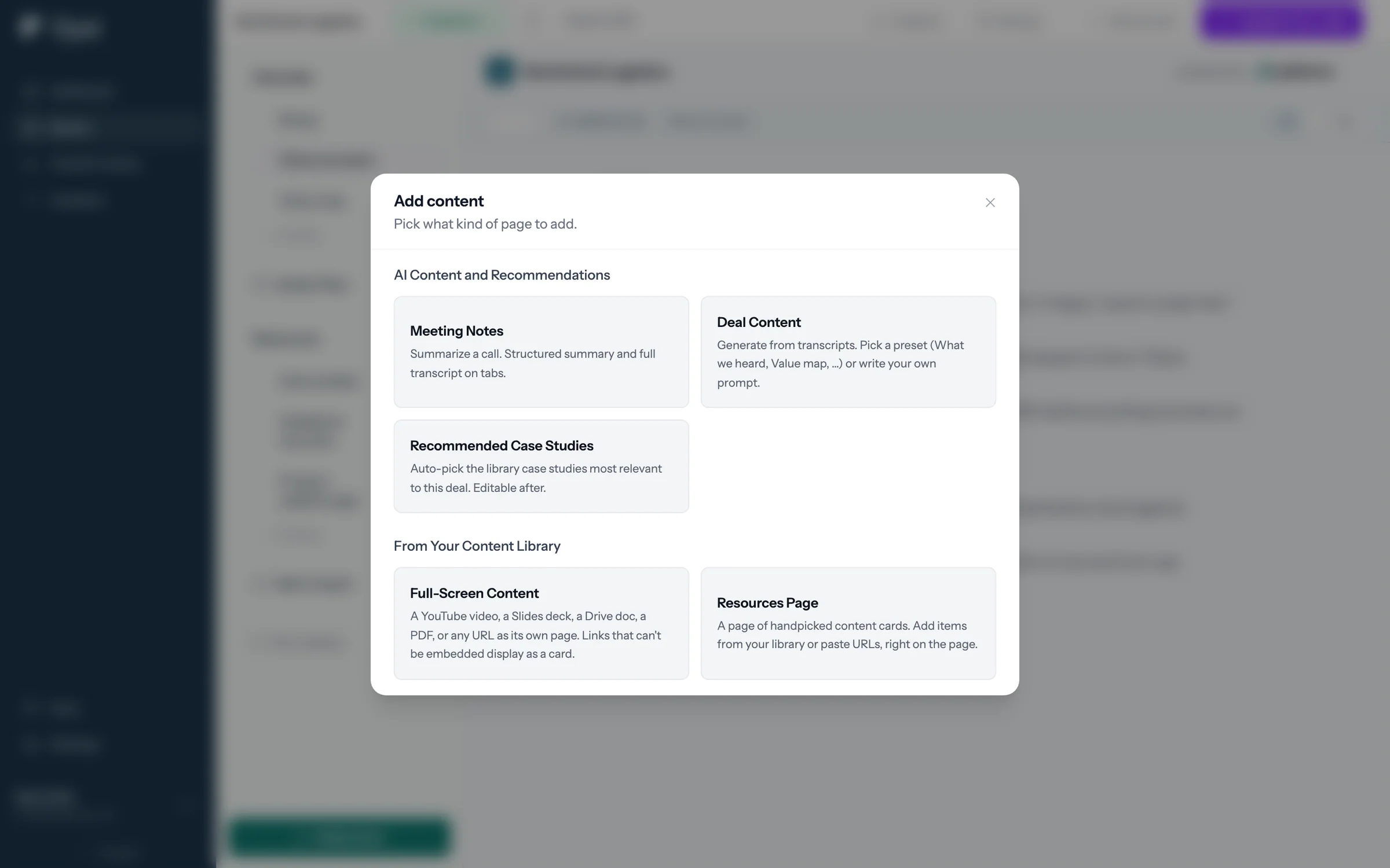 The Add Content picker in the Northwind Logistics room, with the Full-Screen Content option highlighted.