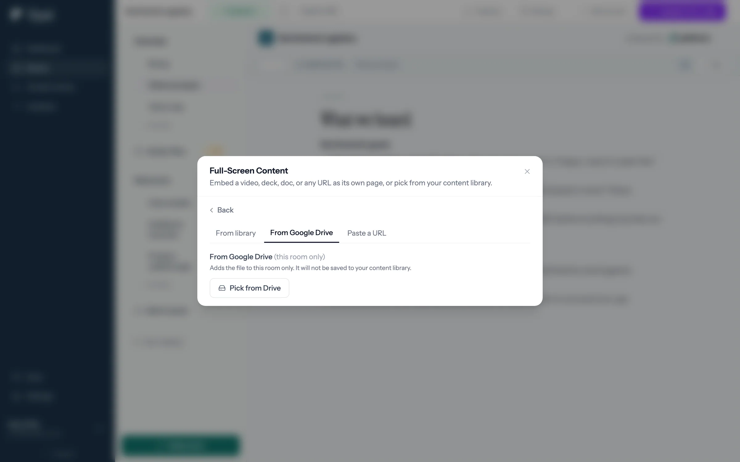 The Add Content modal on the From Google Drive tab, with a Pick from Drive button.