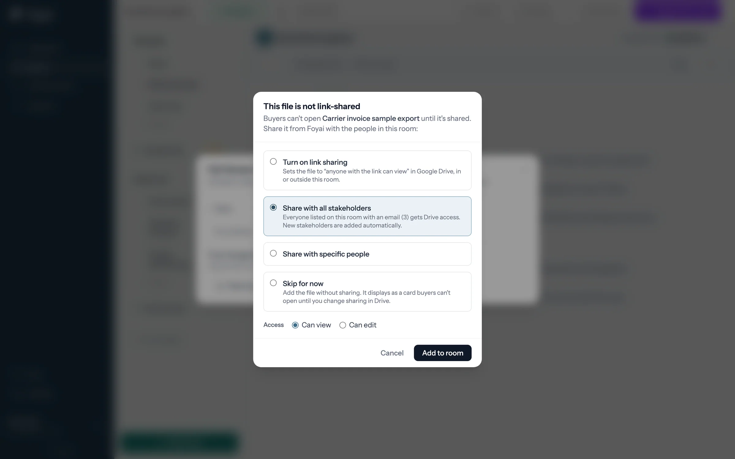 The Drive share dialog for Carrier invoice sample export, Share with all stakeholders selected (Everyone listed on this room with an email, 3, gets Drive access), with an Add to room button.