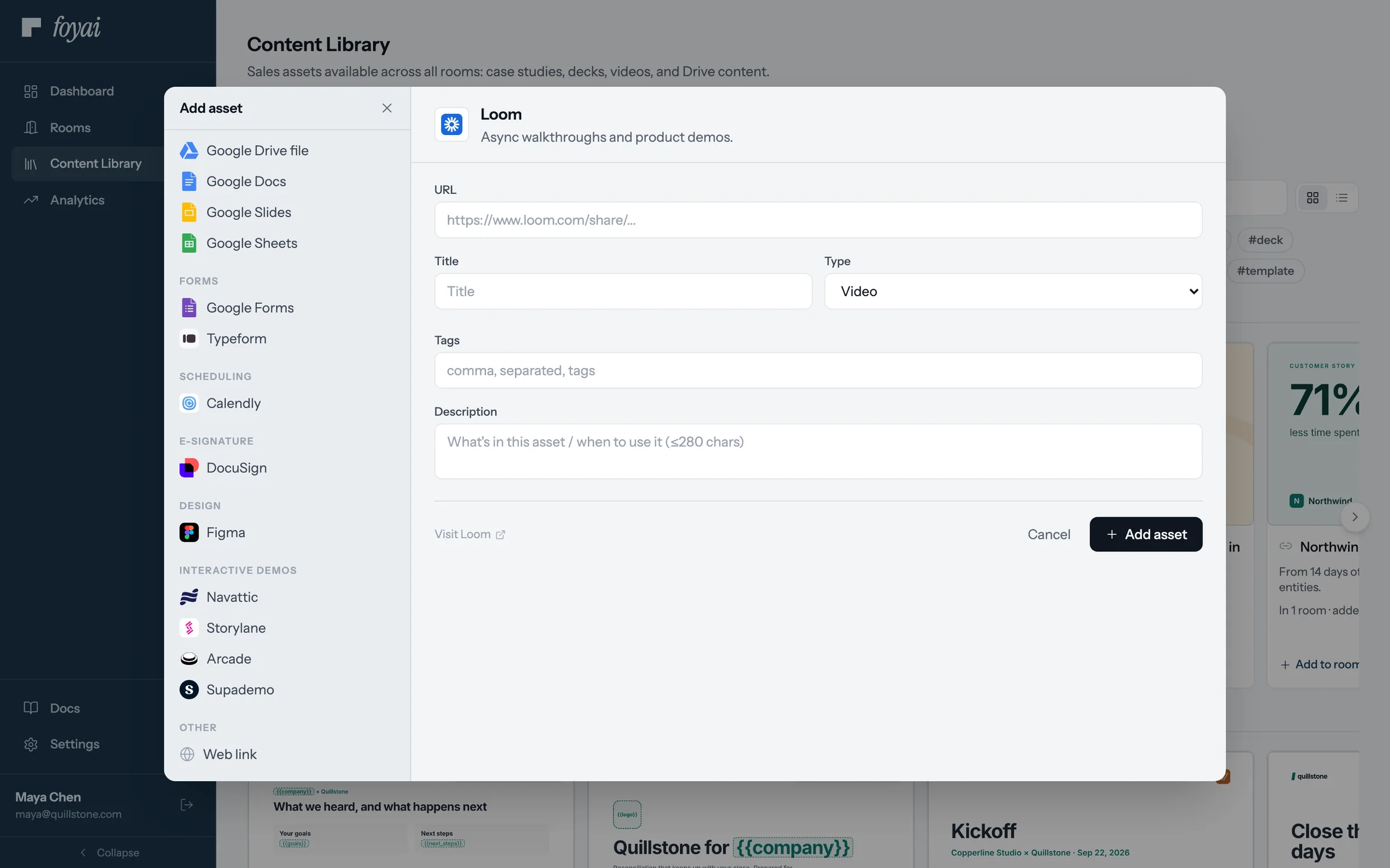 The Add asset dialog, with its left nav of source categories including Web link under Other.