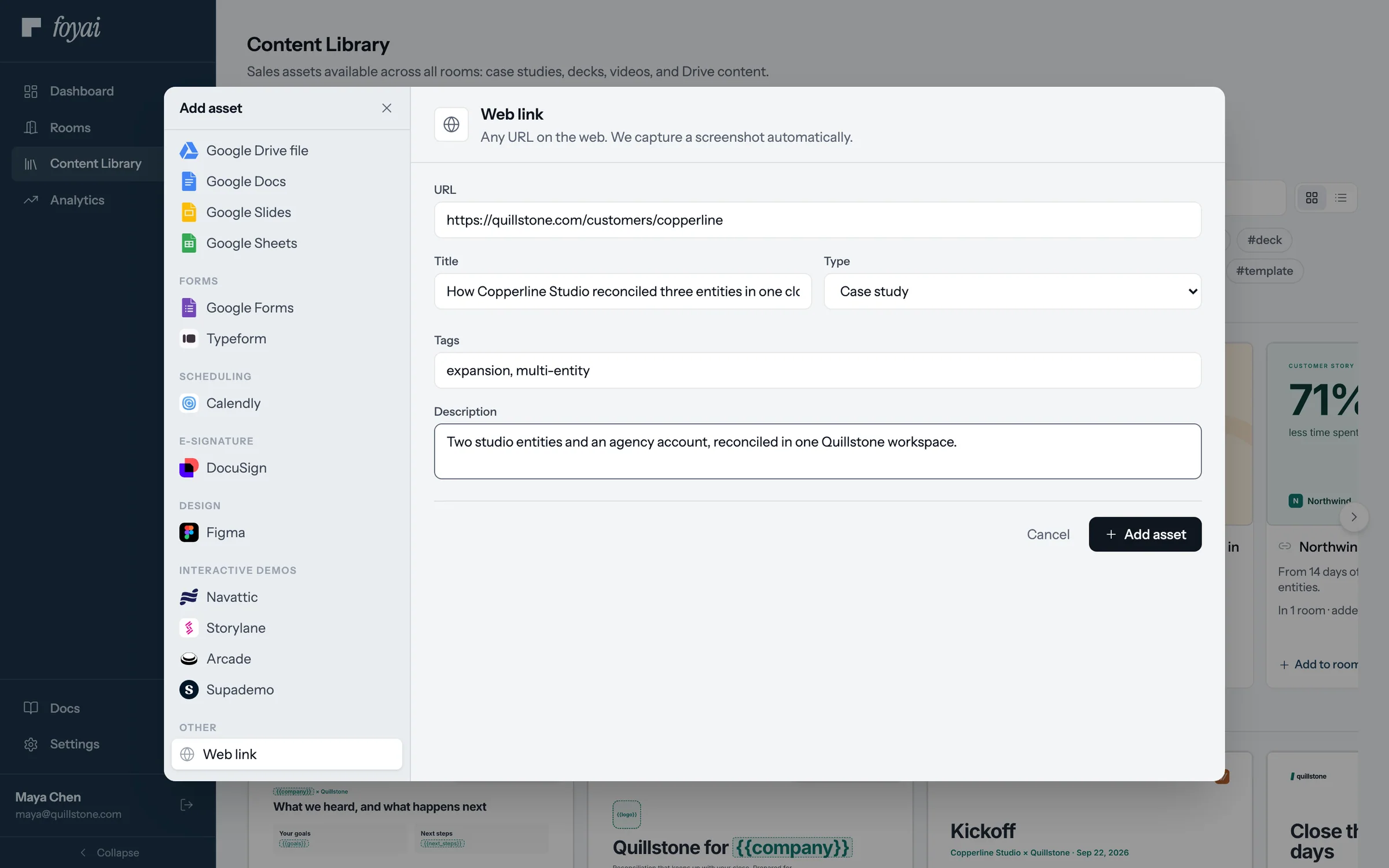 The Web link form filled in with the Copperline Studio case study, Type set to Case study.