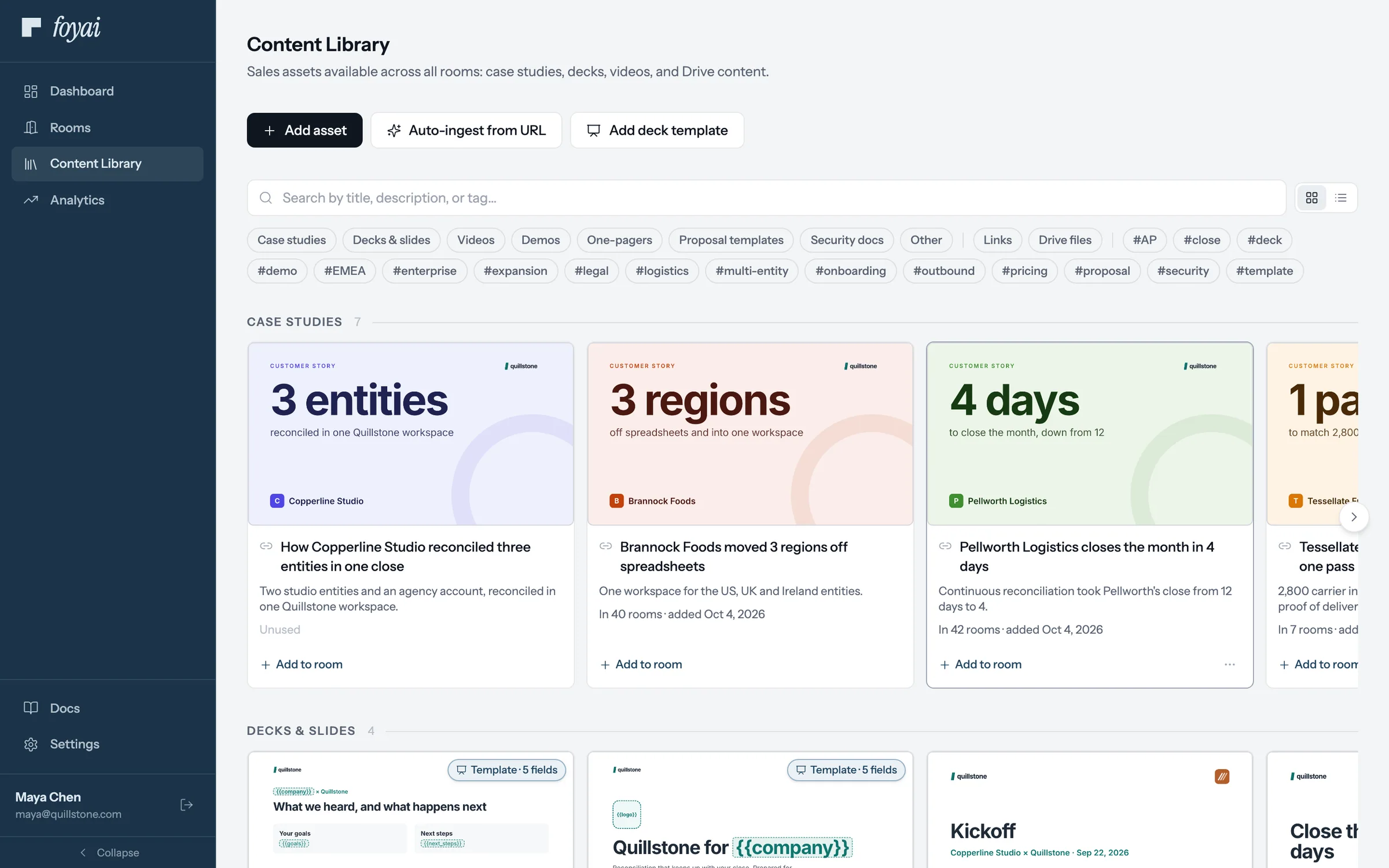 The Content Library grid's Case studies section, with the new Copperline Studio case study card.