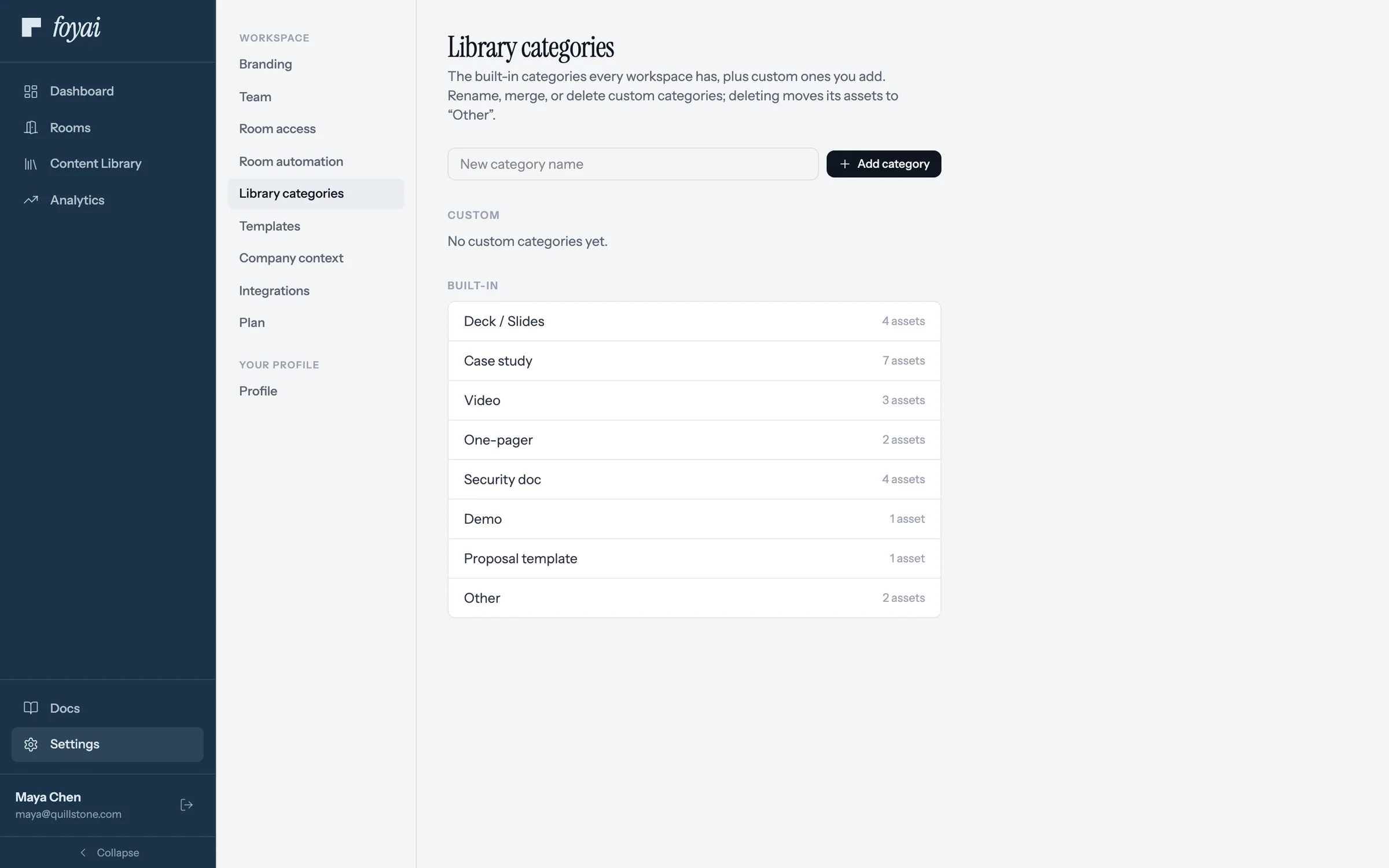 Settings, Library categories: a field to add a custom category, and the built-in list with Case study now at 7 assets.