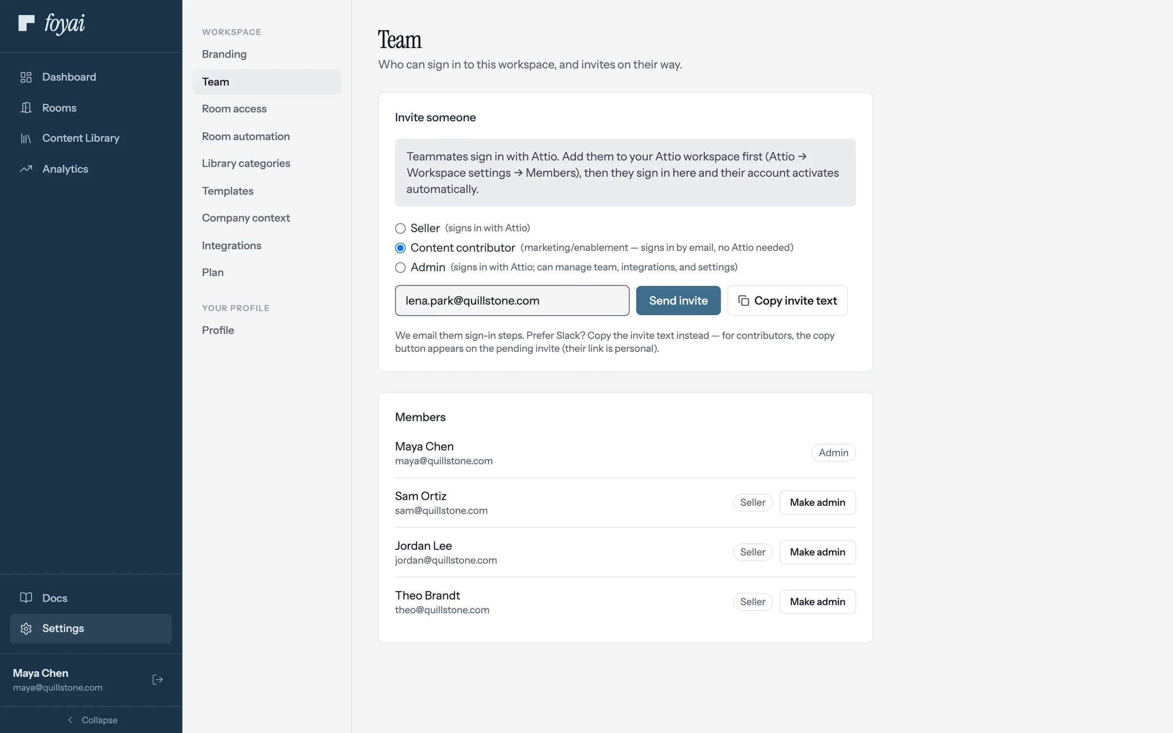 Settings, Team, with Content contributor selected in the invite form and an email typed in
