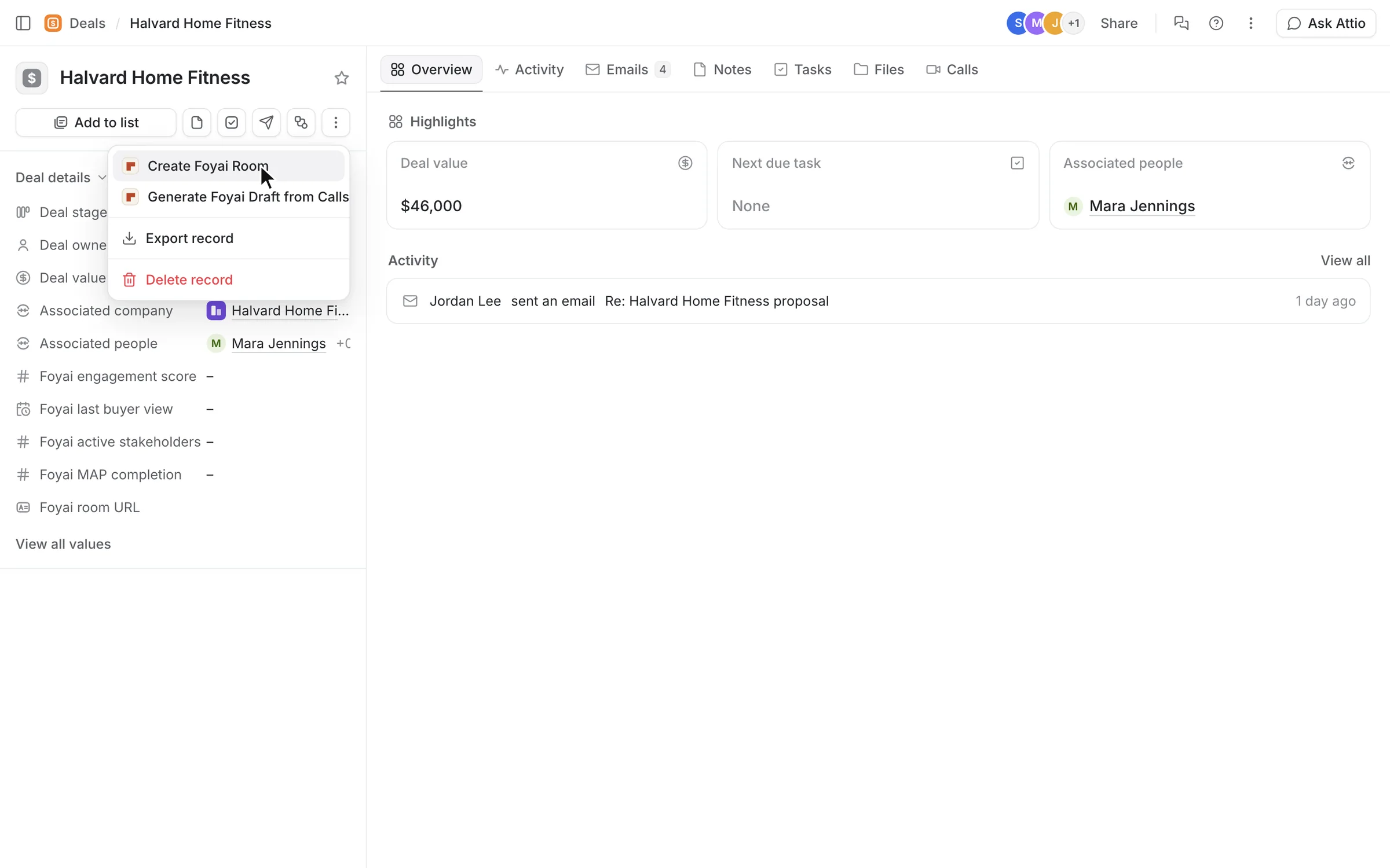 The Halvard Home Fitness deal record in Attio, with the record menu open and Create Foyai Room highlighted.