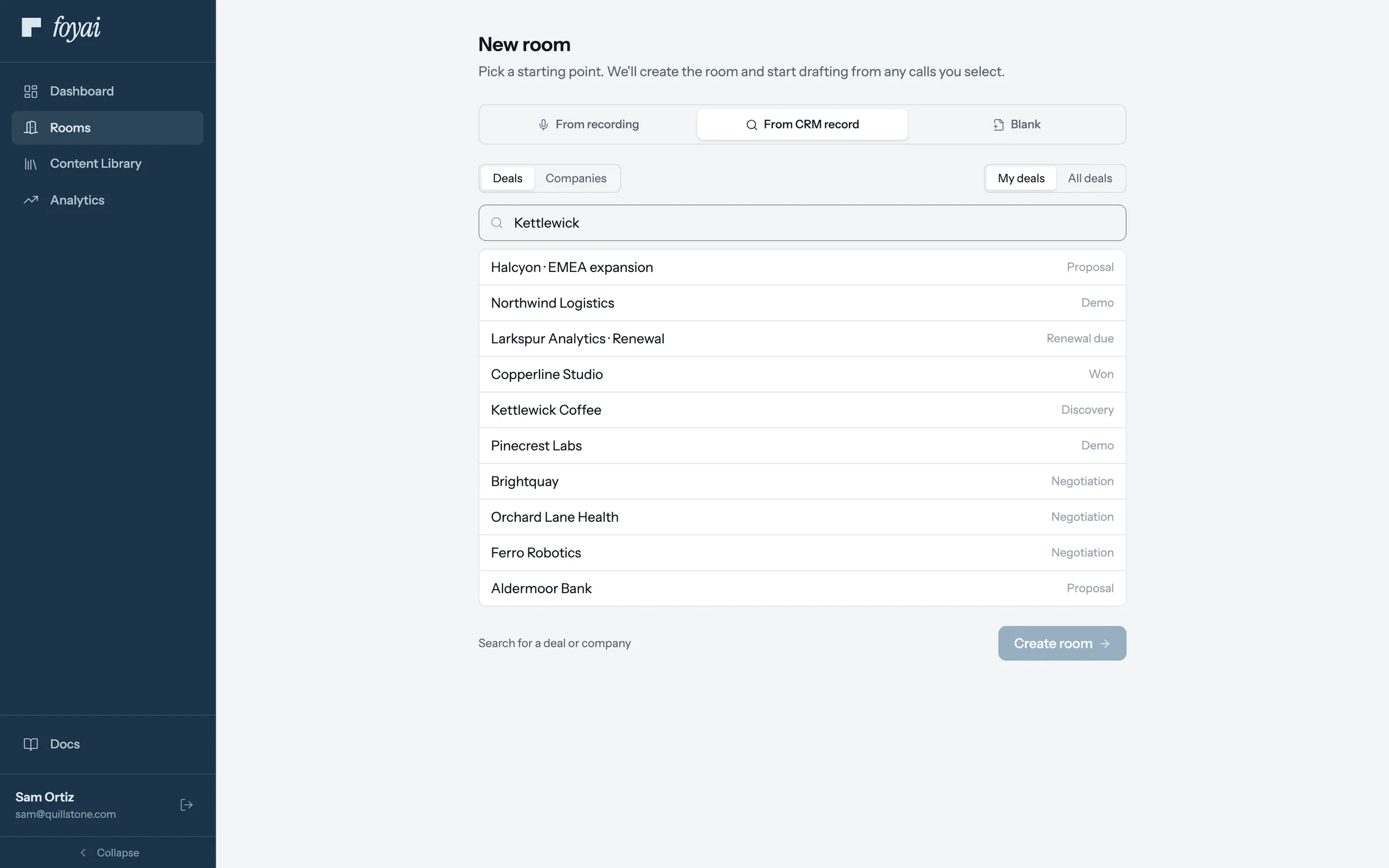 New room, From CRM record, with deal search results and Kettlewick Coffee in the list.
