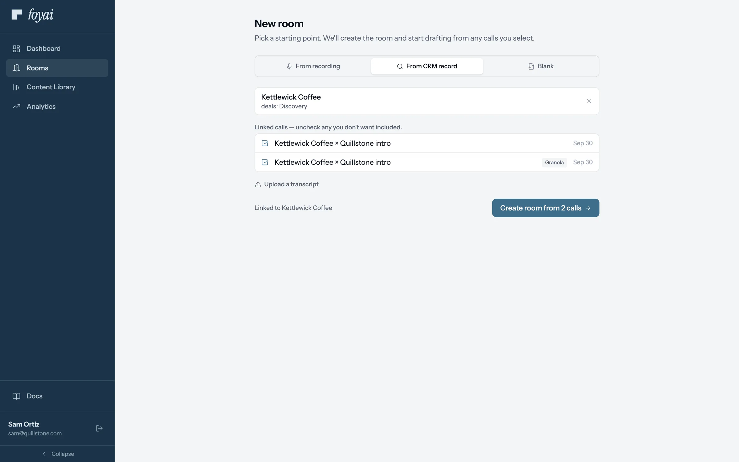 Linked calls, uncheck any you don't want included, with the Kettlewick Coffee × Quillstone intro call checked.