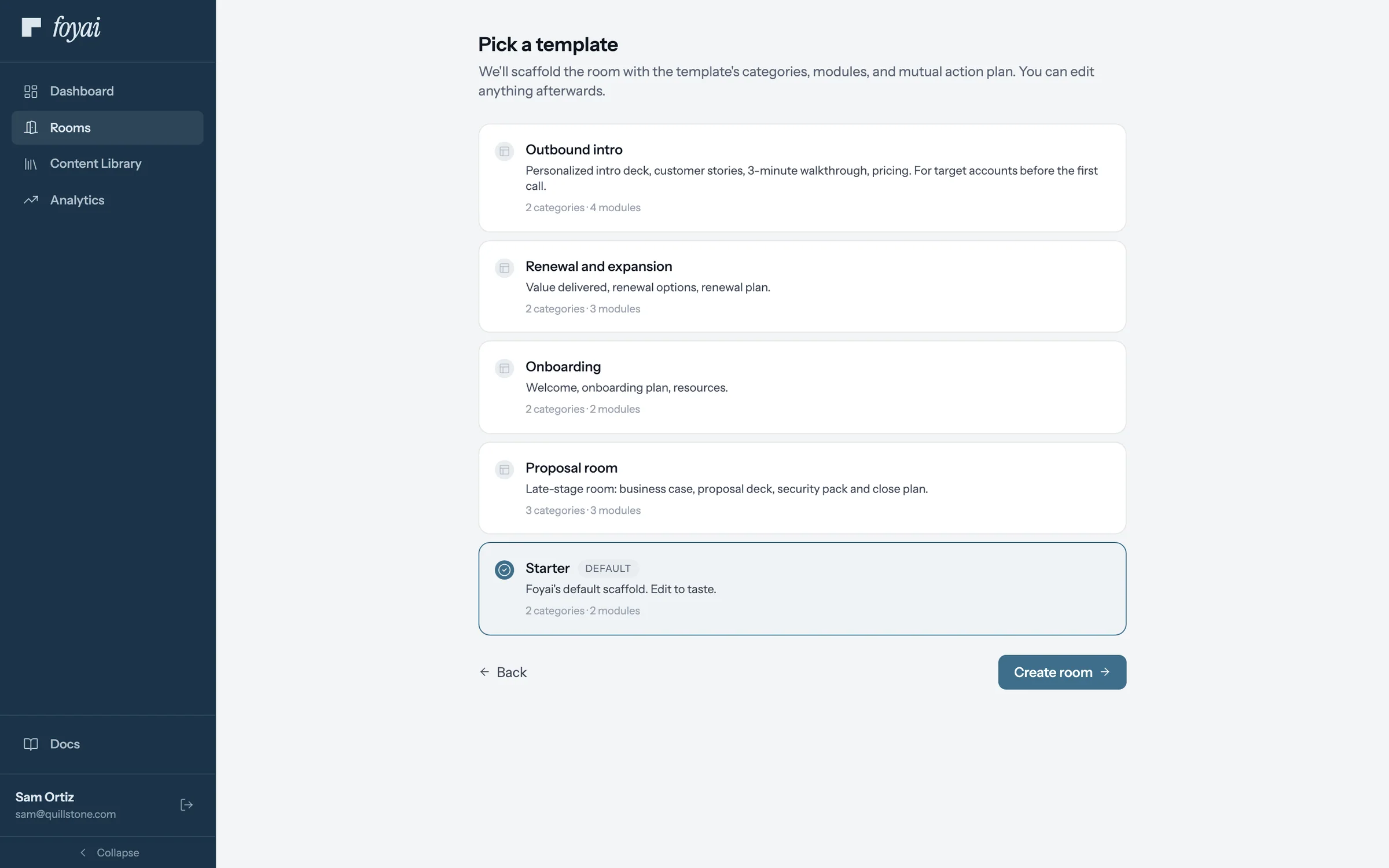 Pick a template, with the Starter template, marked Default, selected among several saved templates.