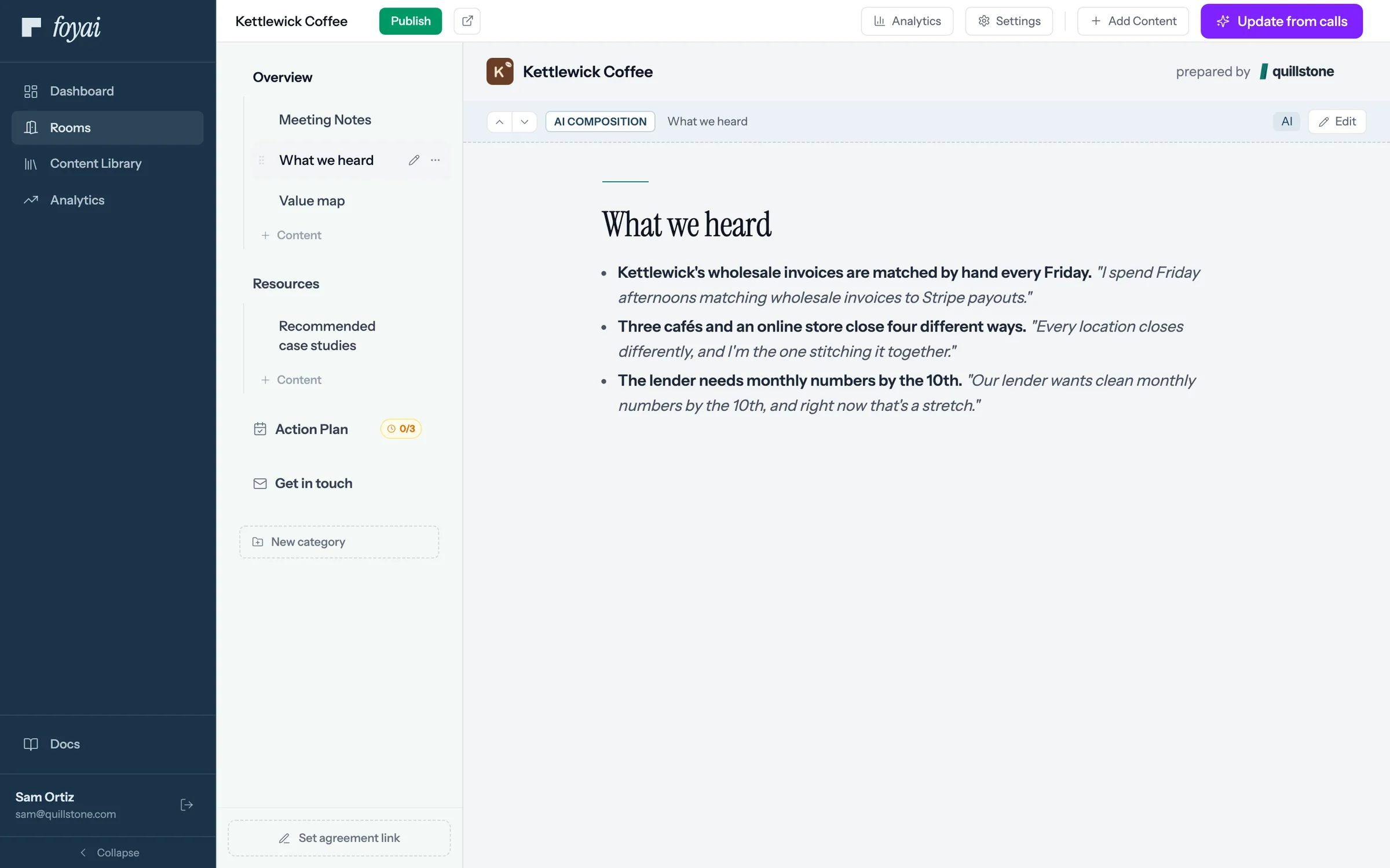 The Kettlewick Coffee room editor, open on the drafted What we heard section, marked AI.