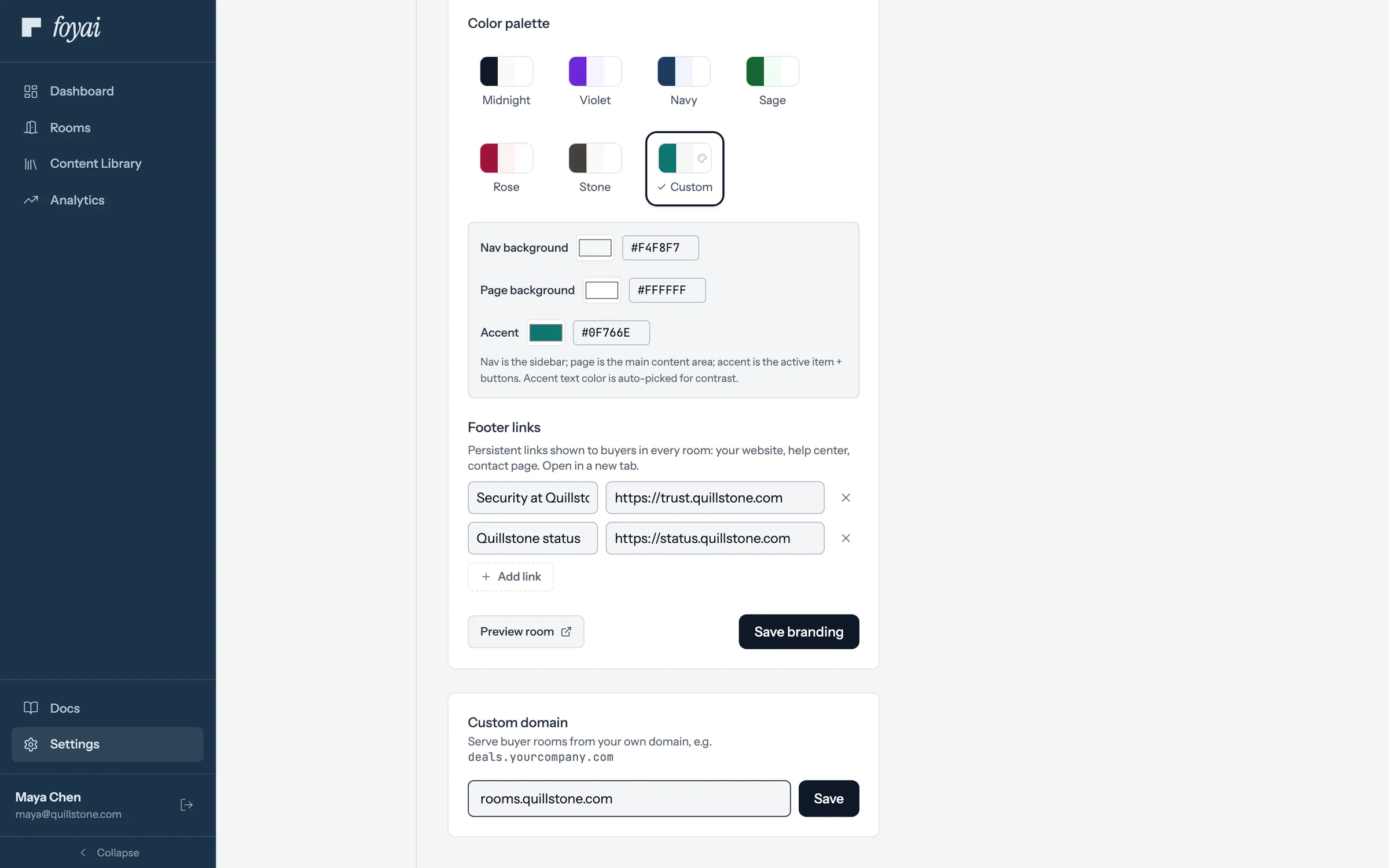 Settings, Branding, Custom domain: the field filled with rooms.quillstone.com, not yet saved.