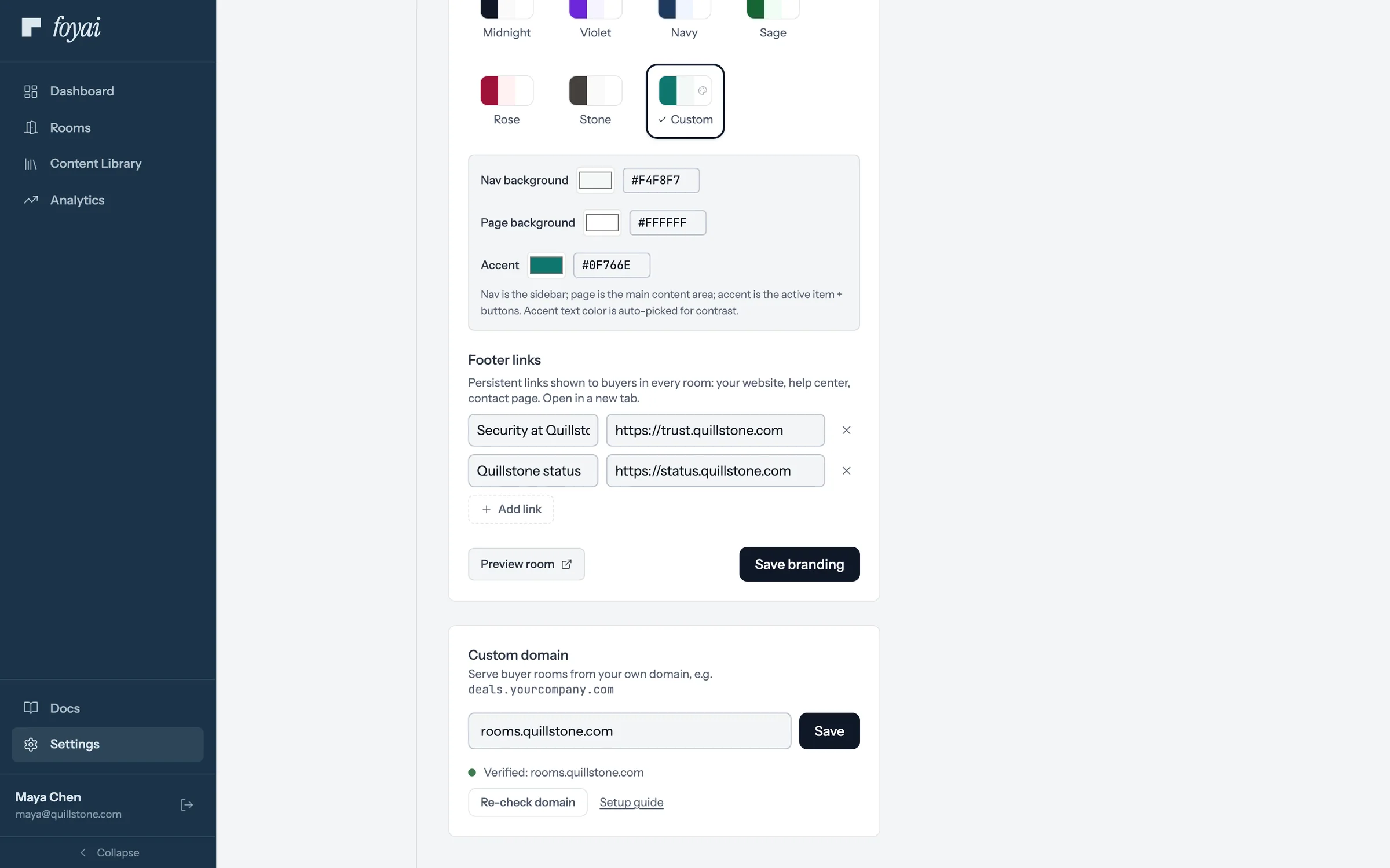 The same card, with the Re-check domain button next to the Setup guide link.