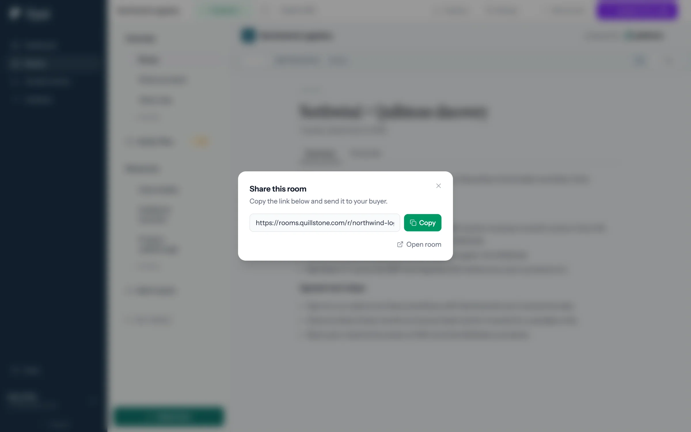 The Share this room dialog, its link reading https://rooms.quillstone.com/r/northwind-logistics-m3x8.