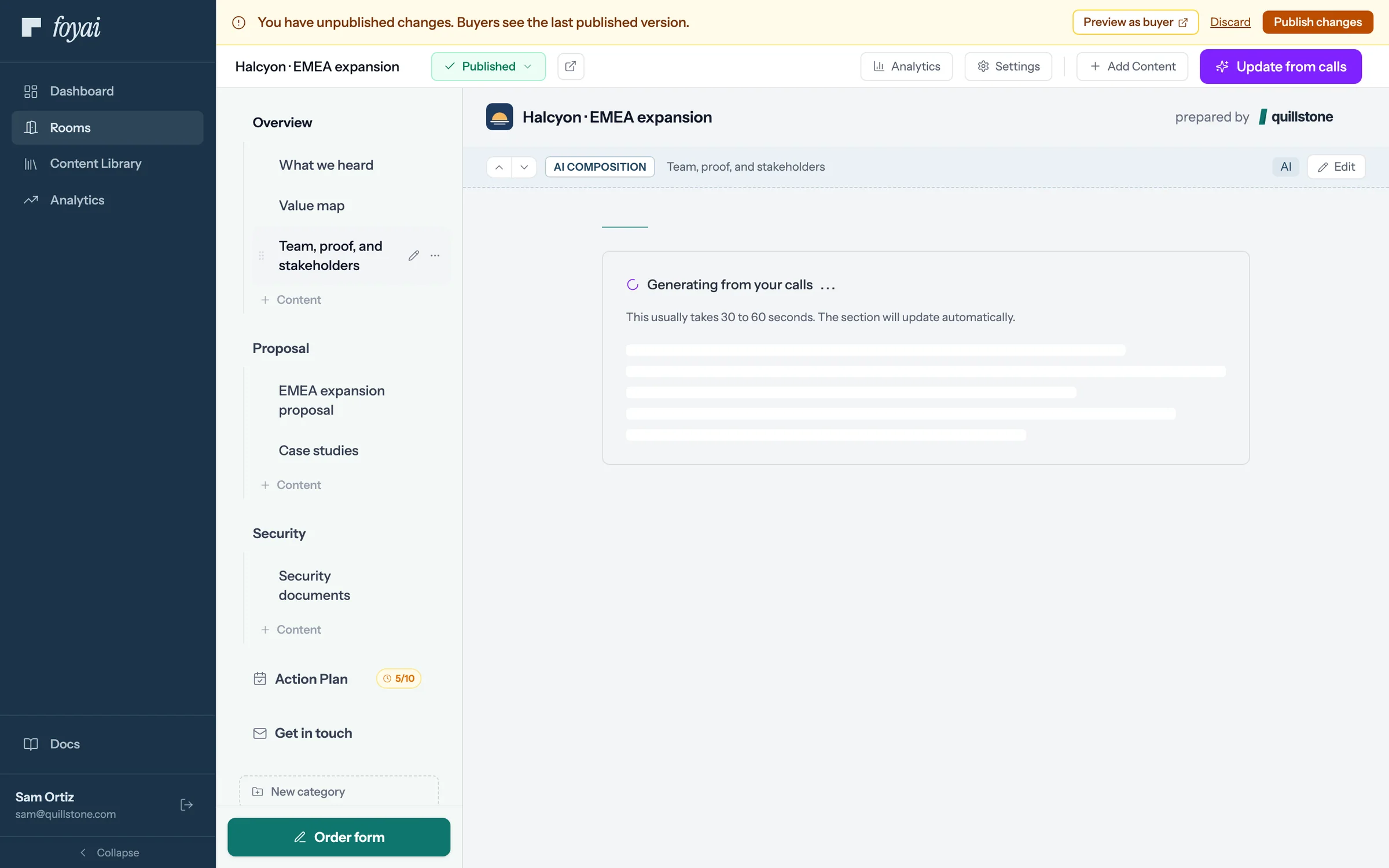 A Deal Content section generating from your calls, with a loading spinner and placeholder lines.