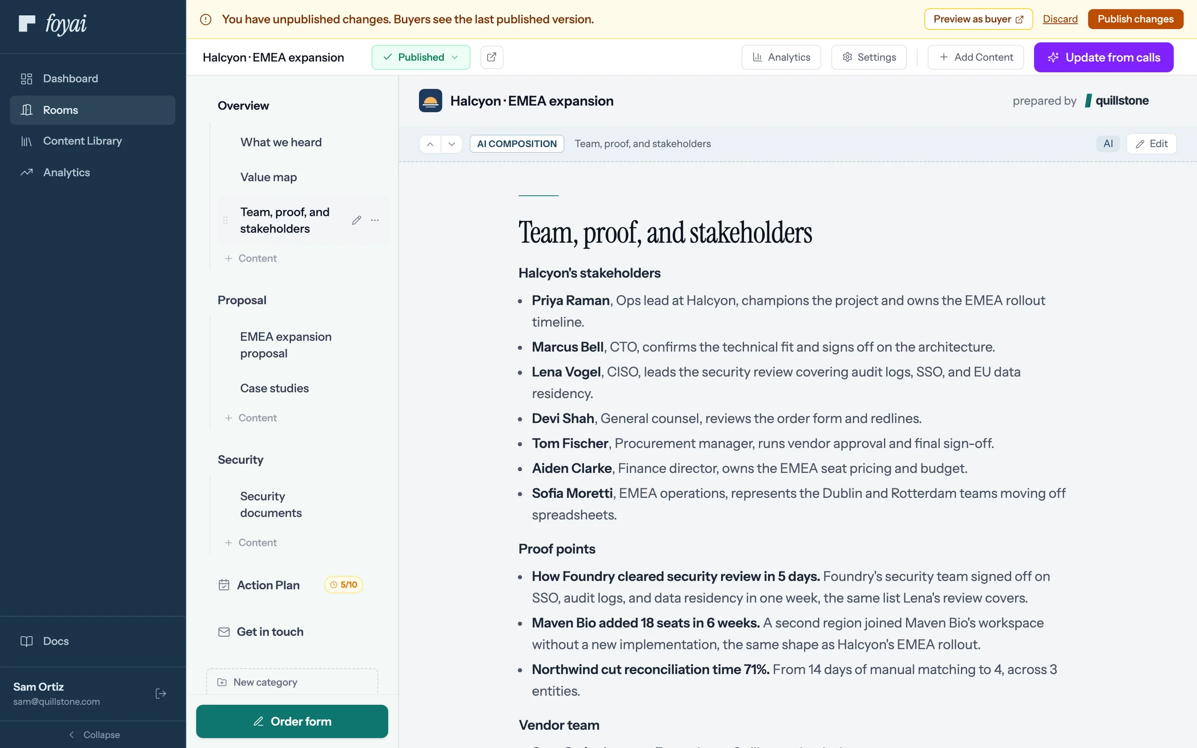 The Team, proof, and stakeholders section, with Halcyon's stakeholders, proof points from case studies, and the vendor team.