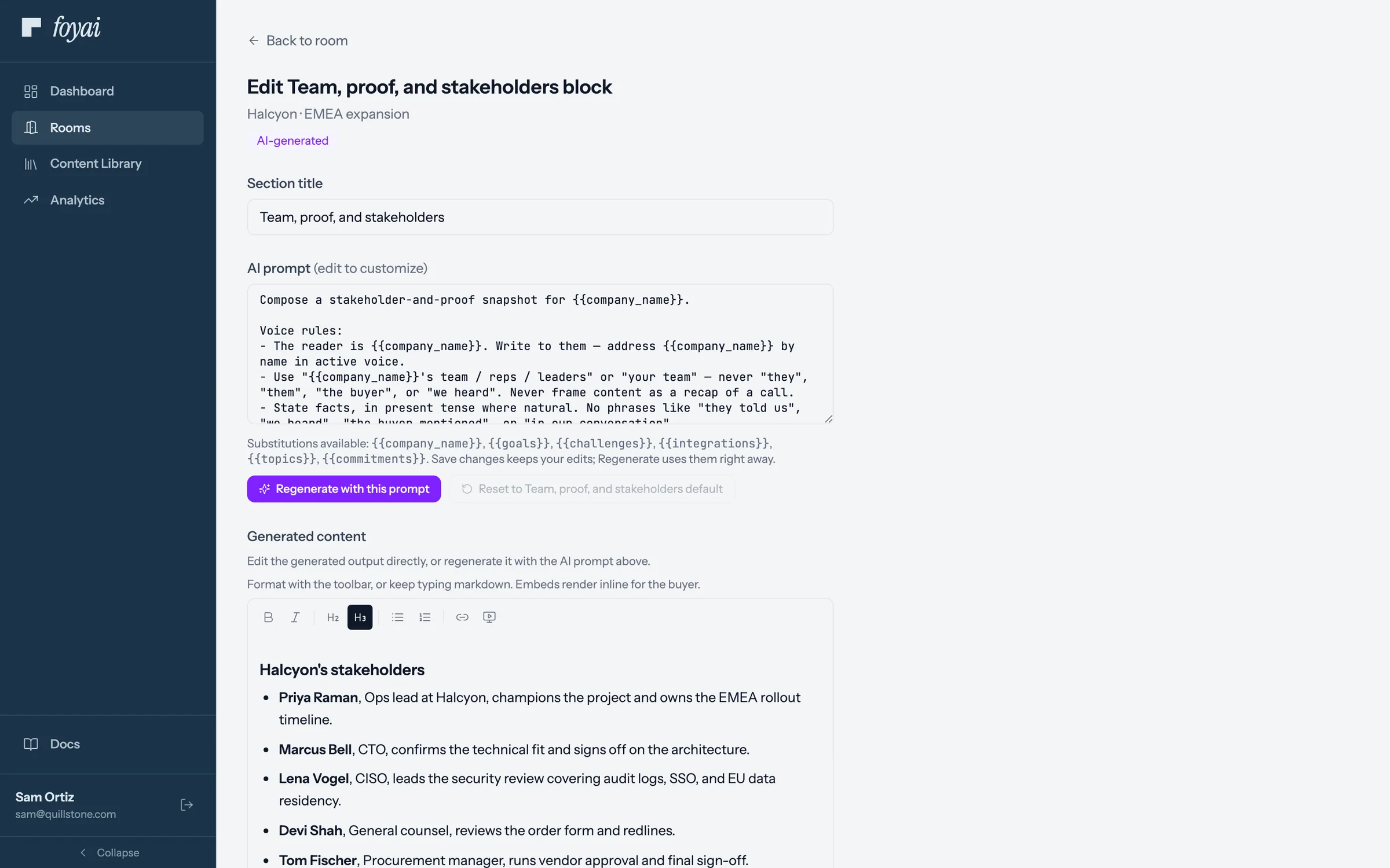 Edit Team, proof, and stakeholders block, with the generated content open in a rich text editor.