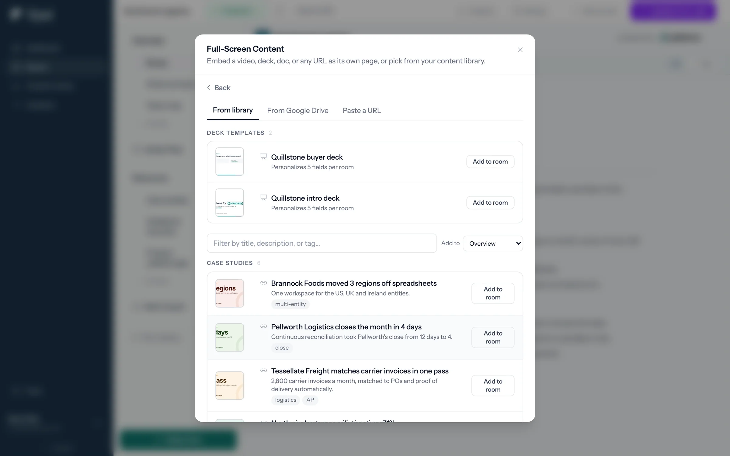 Add Content's library tab, with Deck templates at the top listing Quillstone buyer deck, 5 fields per room.