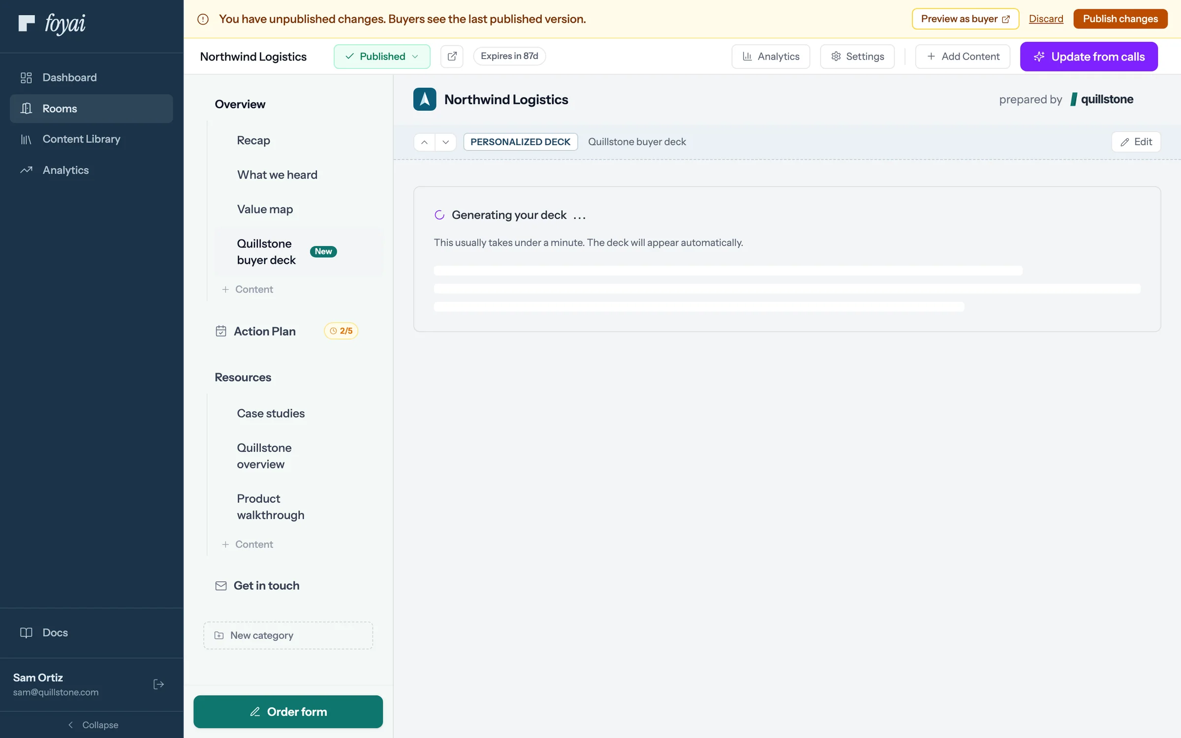 The new deck section, reading Generating your deck, with placeholder lines beneath it.