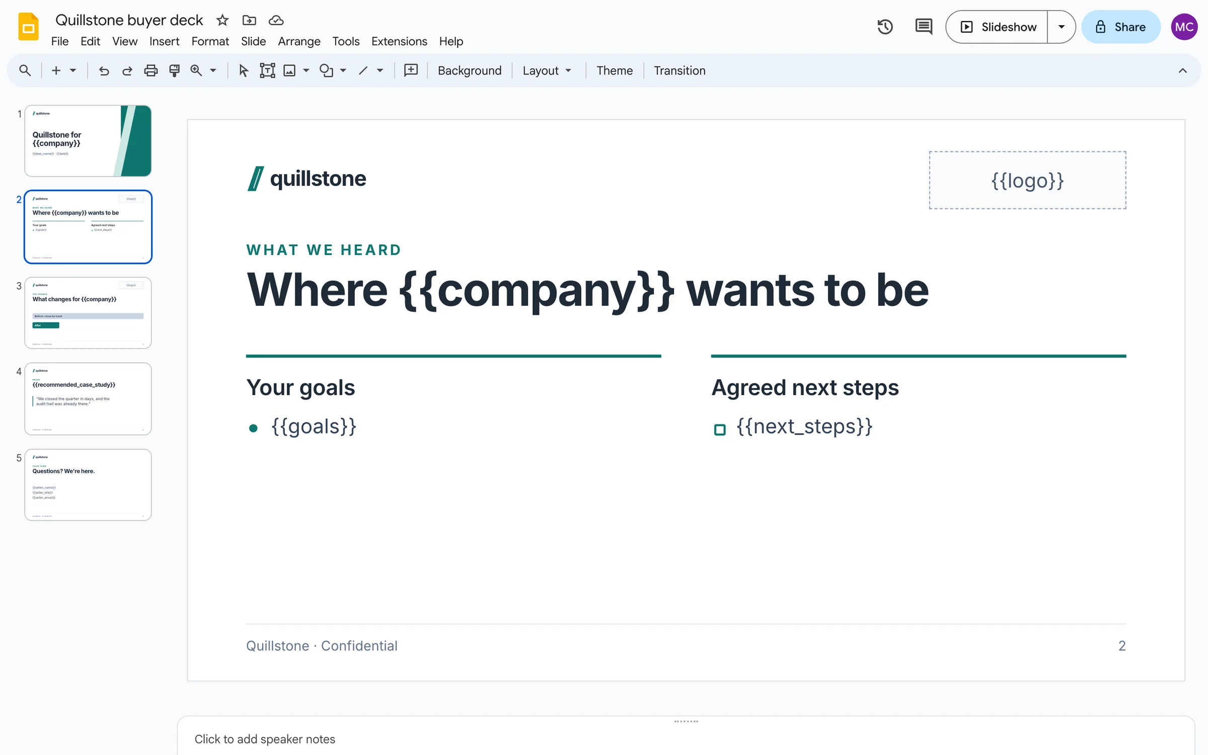 A Google Slides template slide with a {{logo}} token alone in its own dashed box, top right.