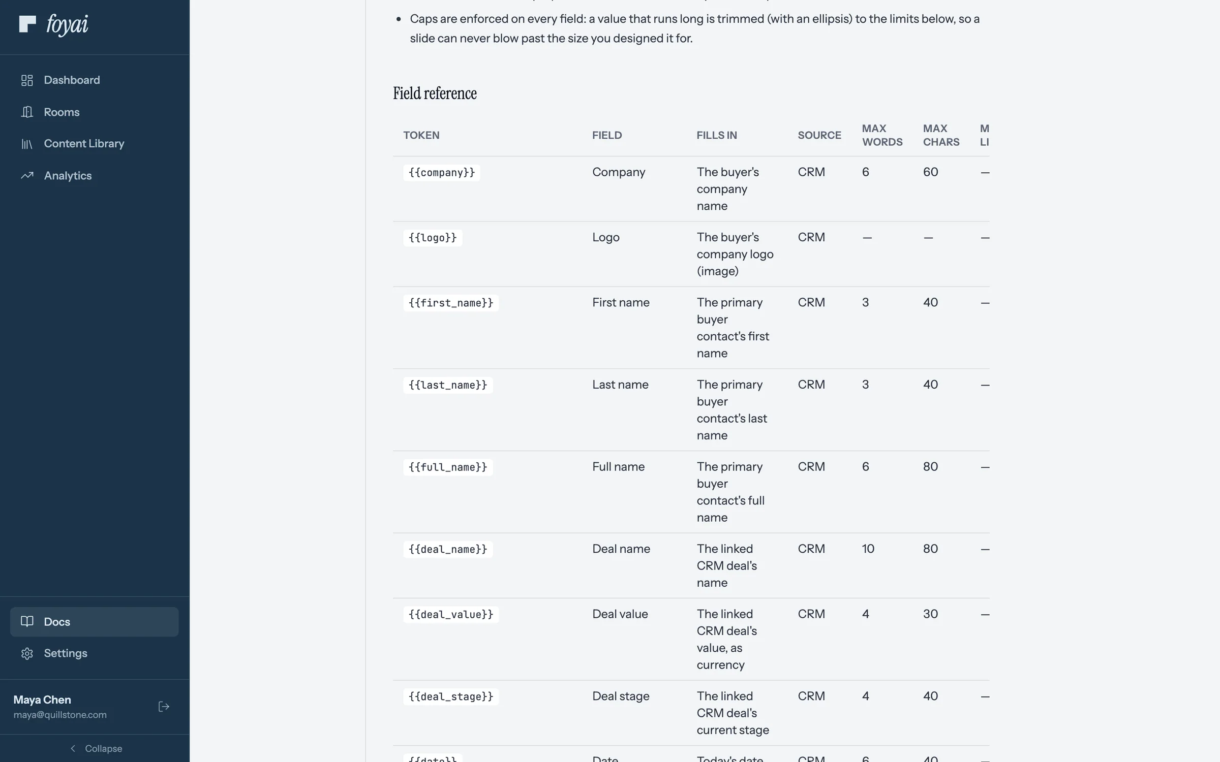The foyai Docs page for Personalized decks, scrolled to the Field reference table: each token, its field, what it fills in, and its source.