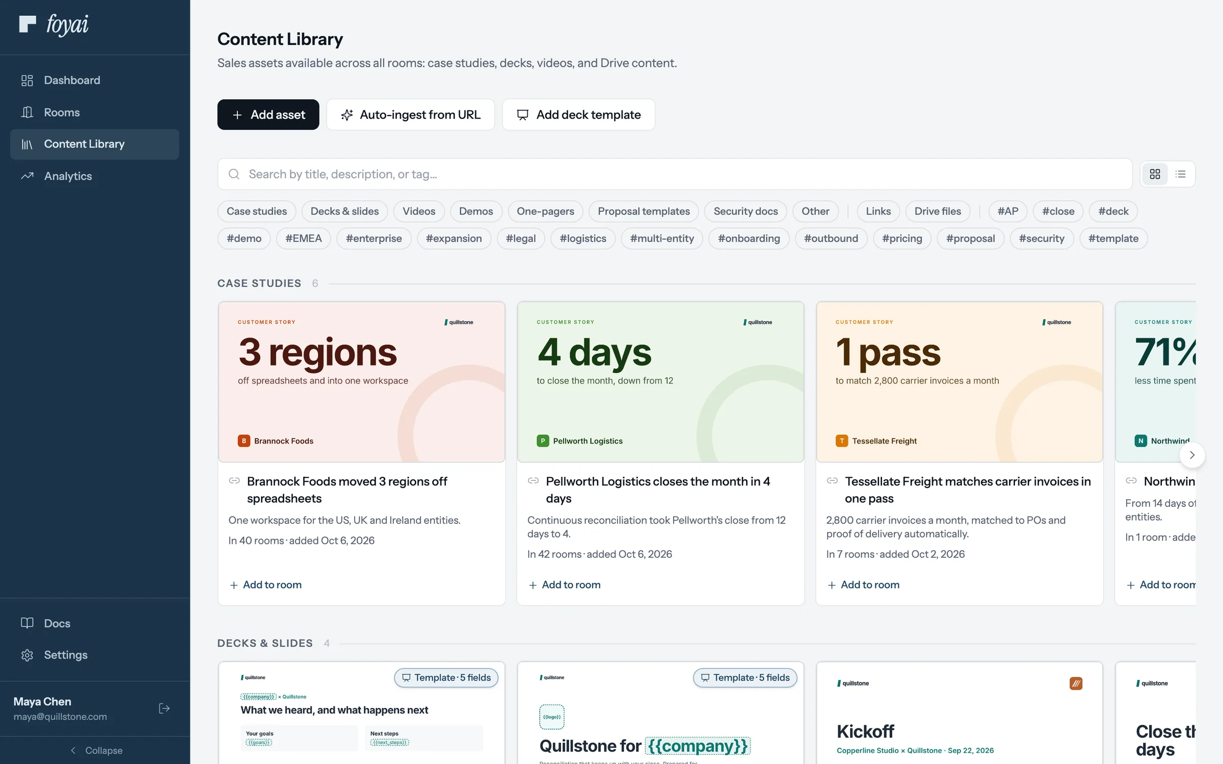 The Content Library toolbar, with Add asset, Auto-ingest from URL, and an Add deck template button.