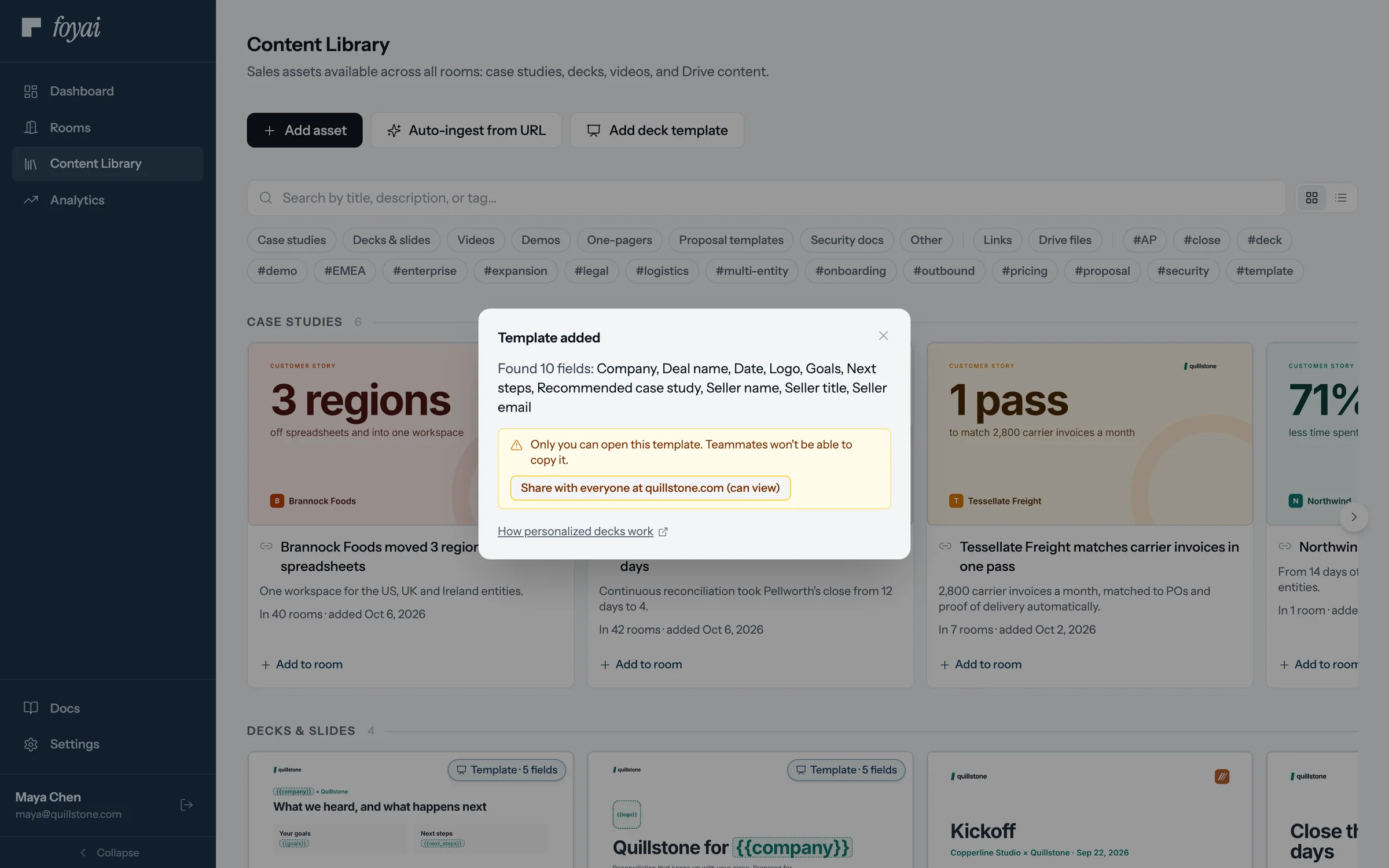 The Template added dialog: Found 10 fields: Company, Deal name, Date, Logo, Goals, Next steps, Recommended case study, Seller name, Seller title, Seller email.