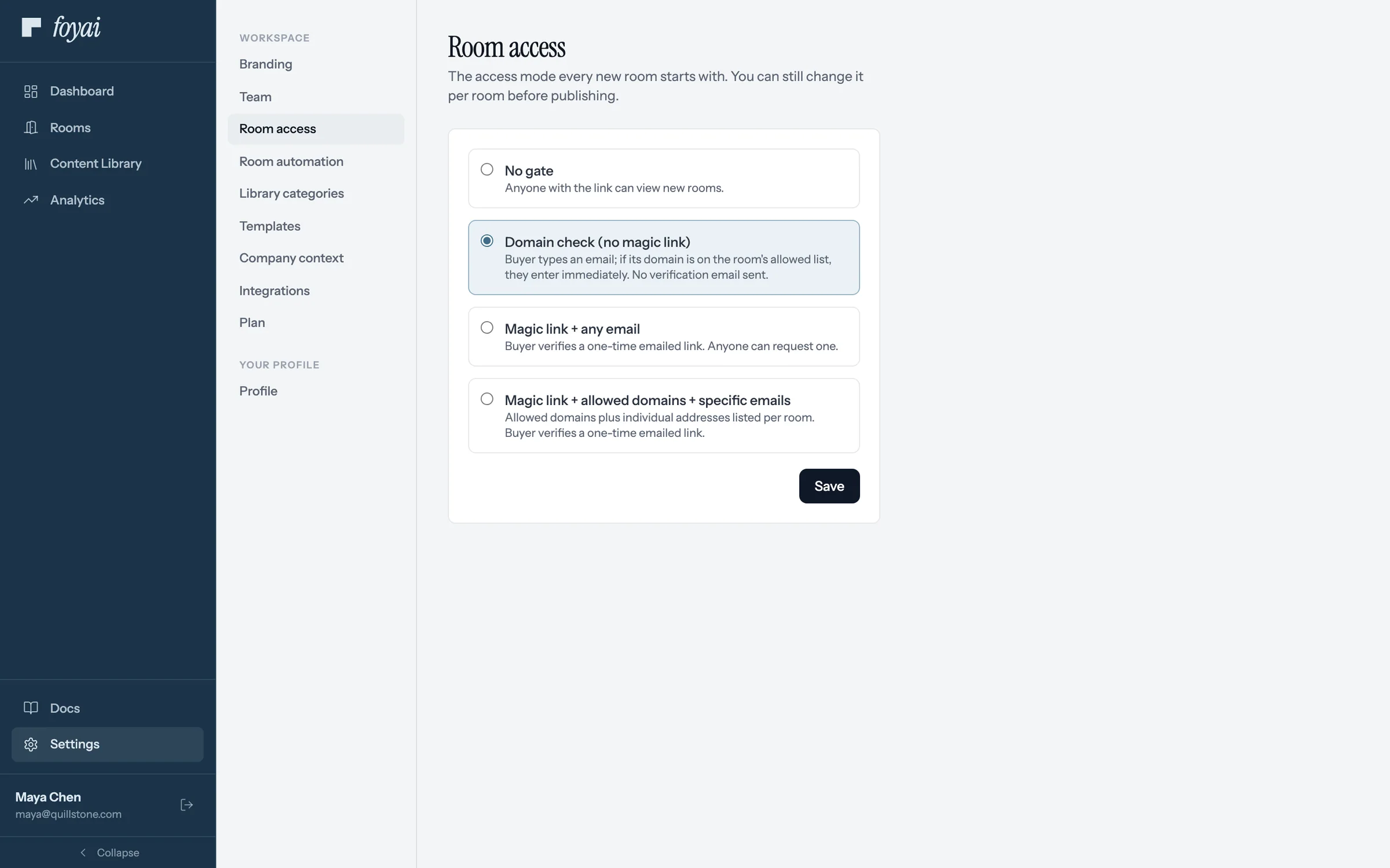 The Settings sub-nav, with Room access highlighted as the active item.