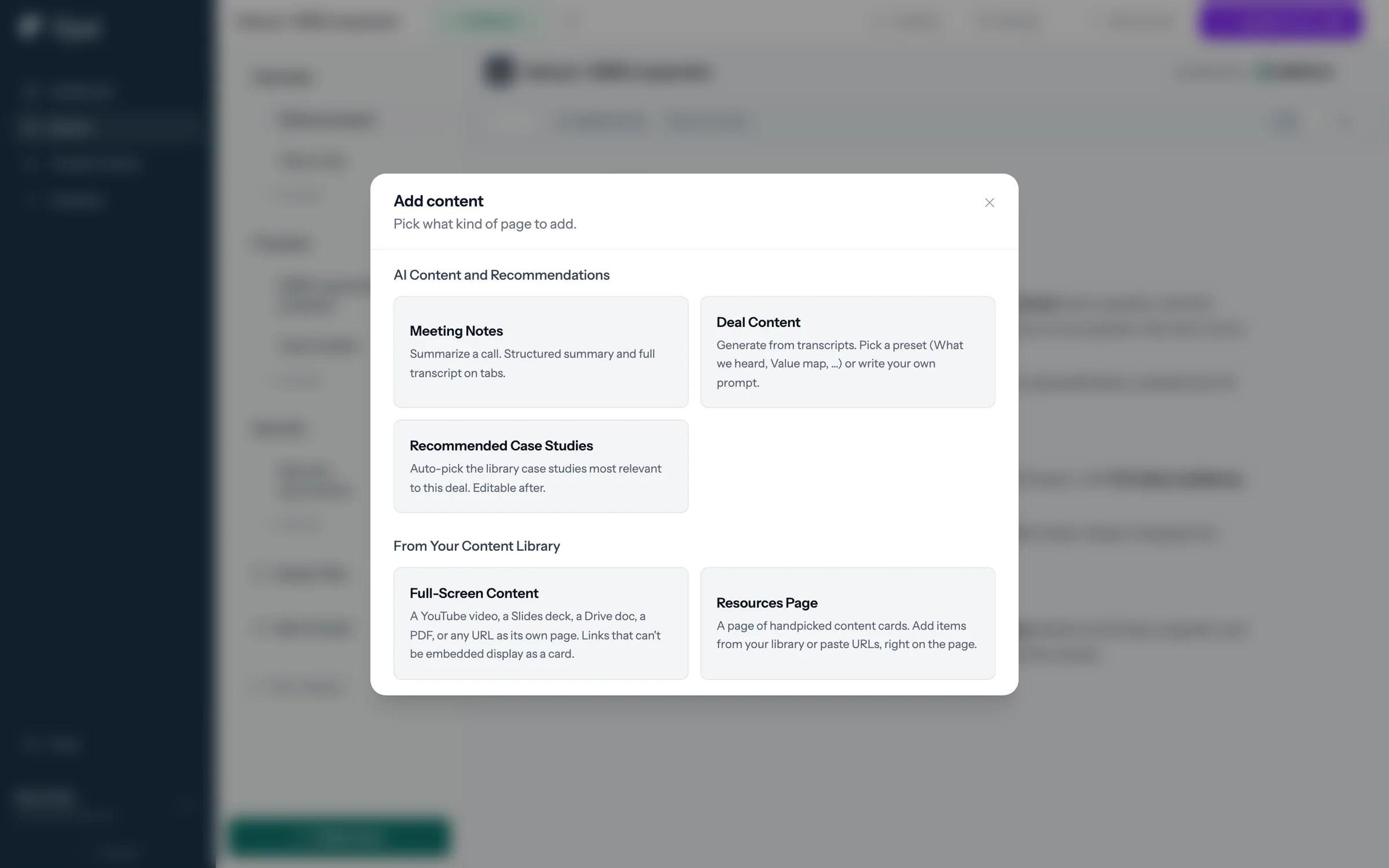 The Add content picker with Full-Screen Content under From Your Content Library