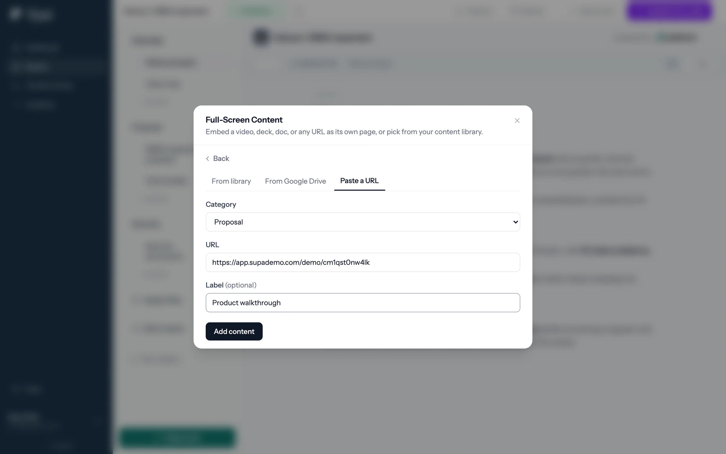 Full-Screen Content form with a Supademo URL and the label Product walkthrough