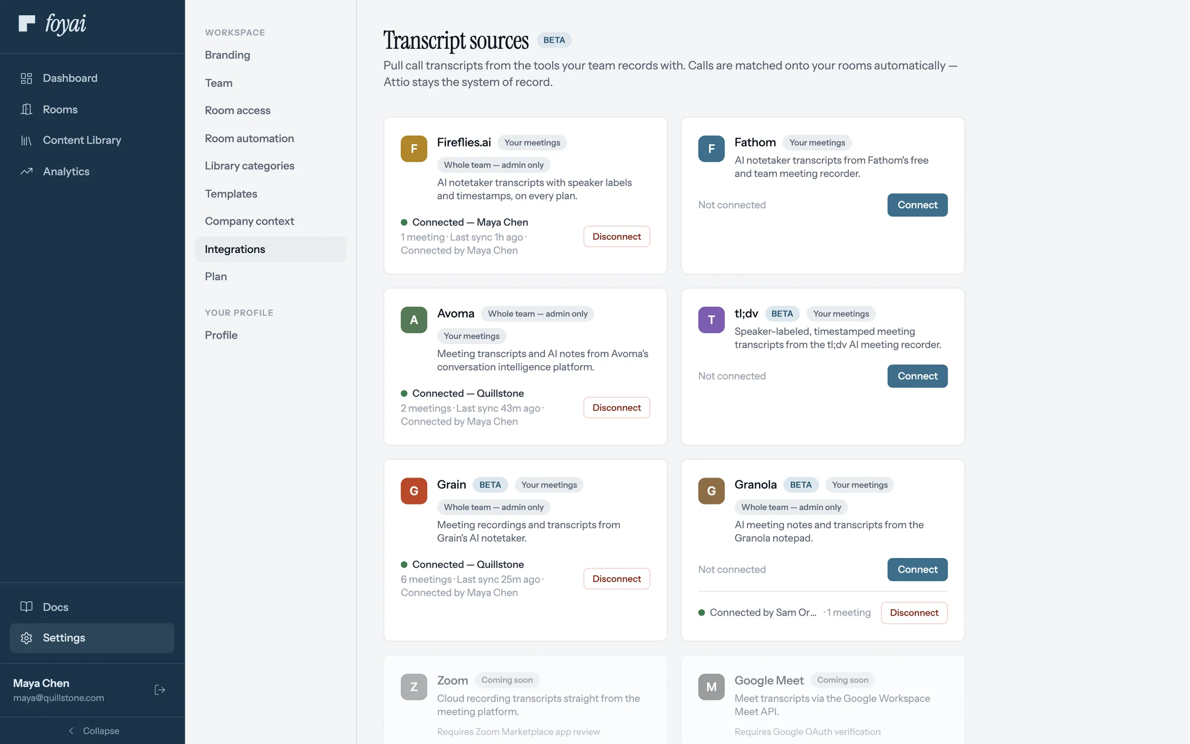 Transcript sources page with Fathom not connected